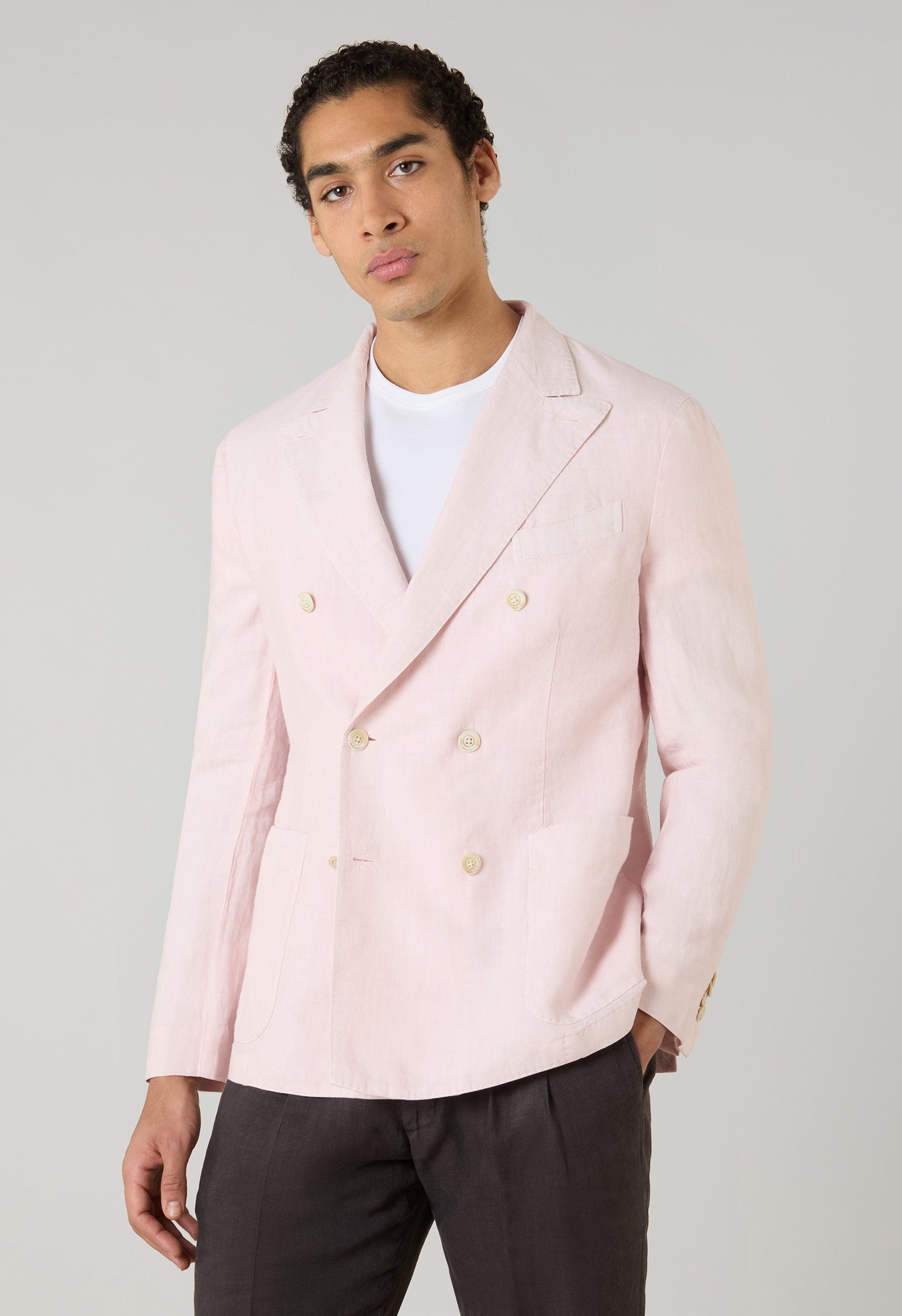 Pastel Pink Garment Dyed Linen Double-Breasted Dover Jacket