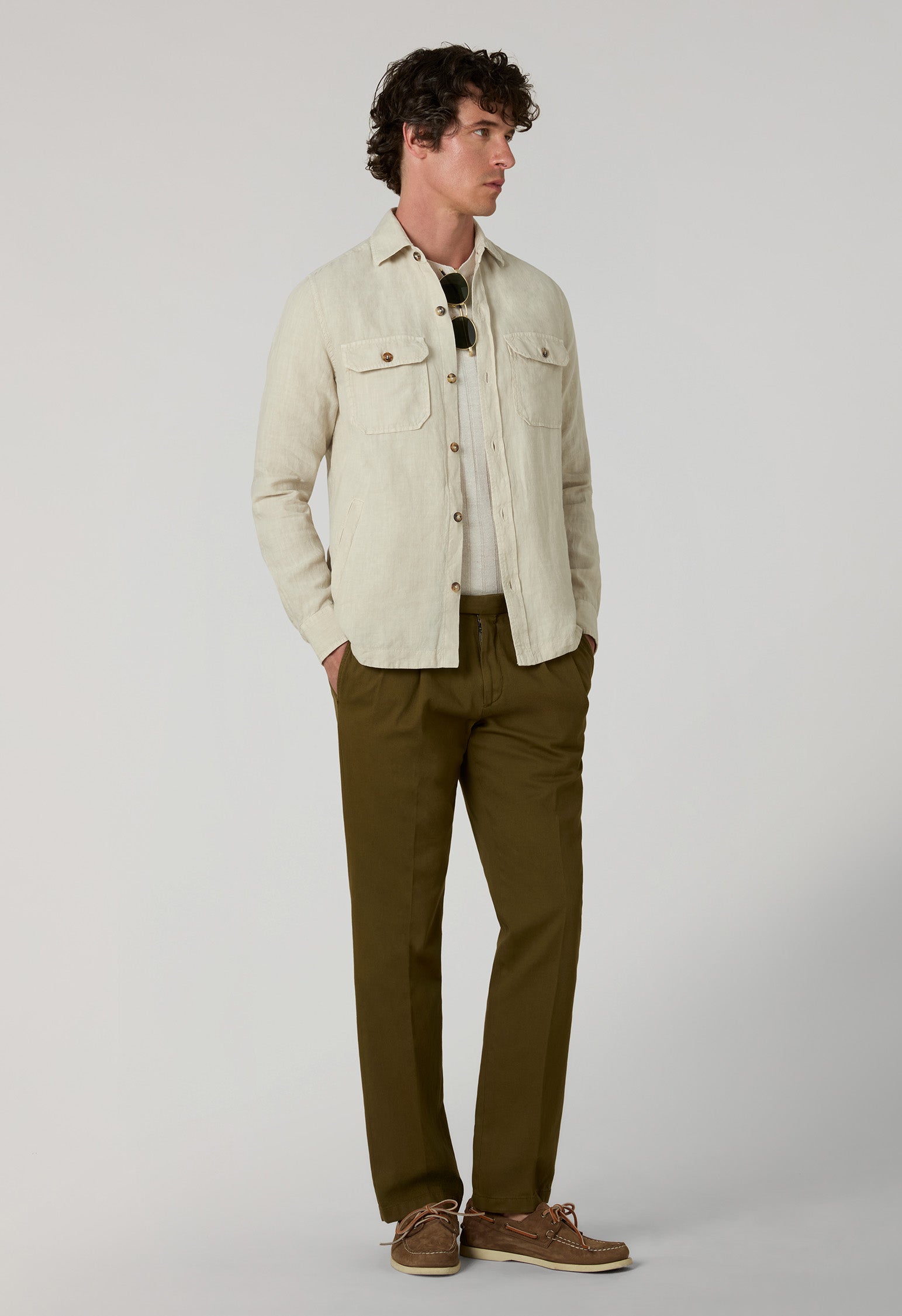 Overshirt in lino tinto in capo beige