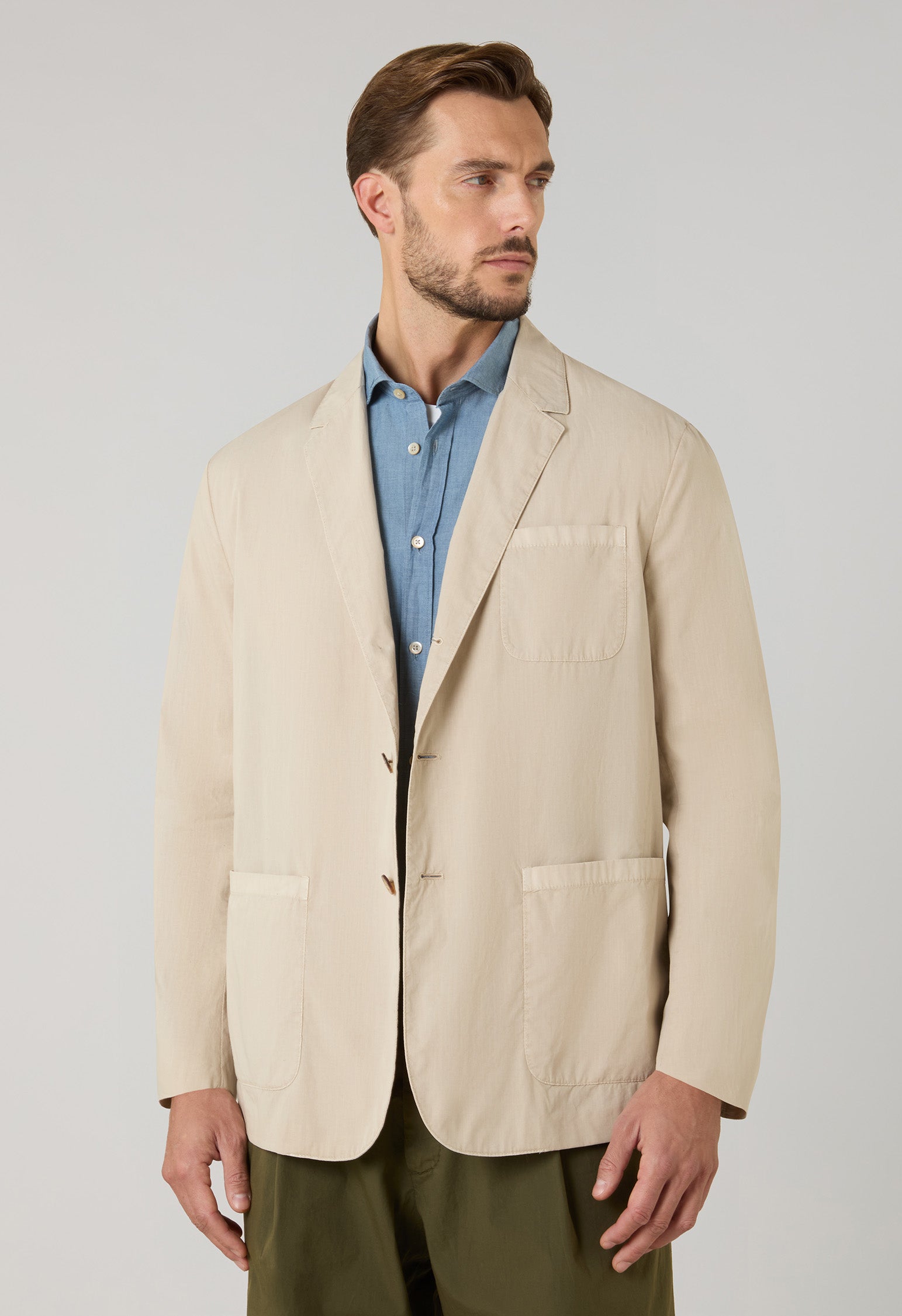 Beige Garment Dyed Popeline Papier Khaki Jacket