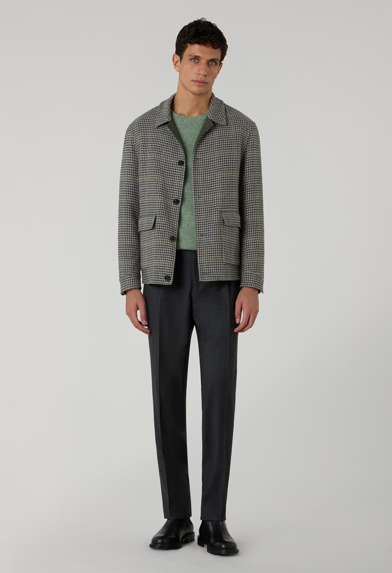 Green Pied-de-puole Wool Cashmere double Boxie Jacket