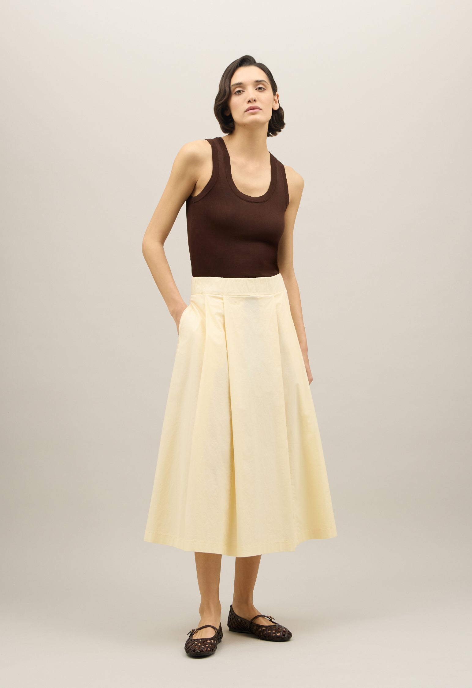 Yellow Light Popeline pleated Skirt