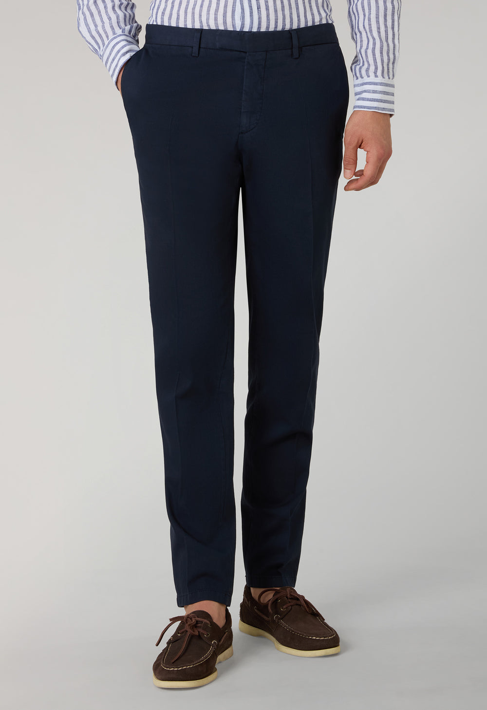 Blue Garment Dyed Cotton Micro-Herringbone Trousers