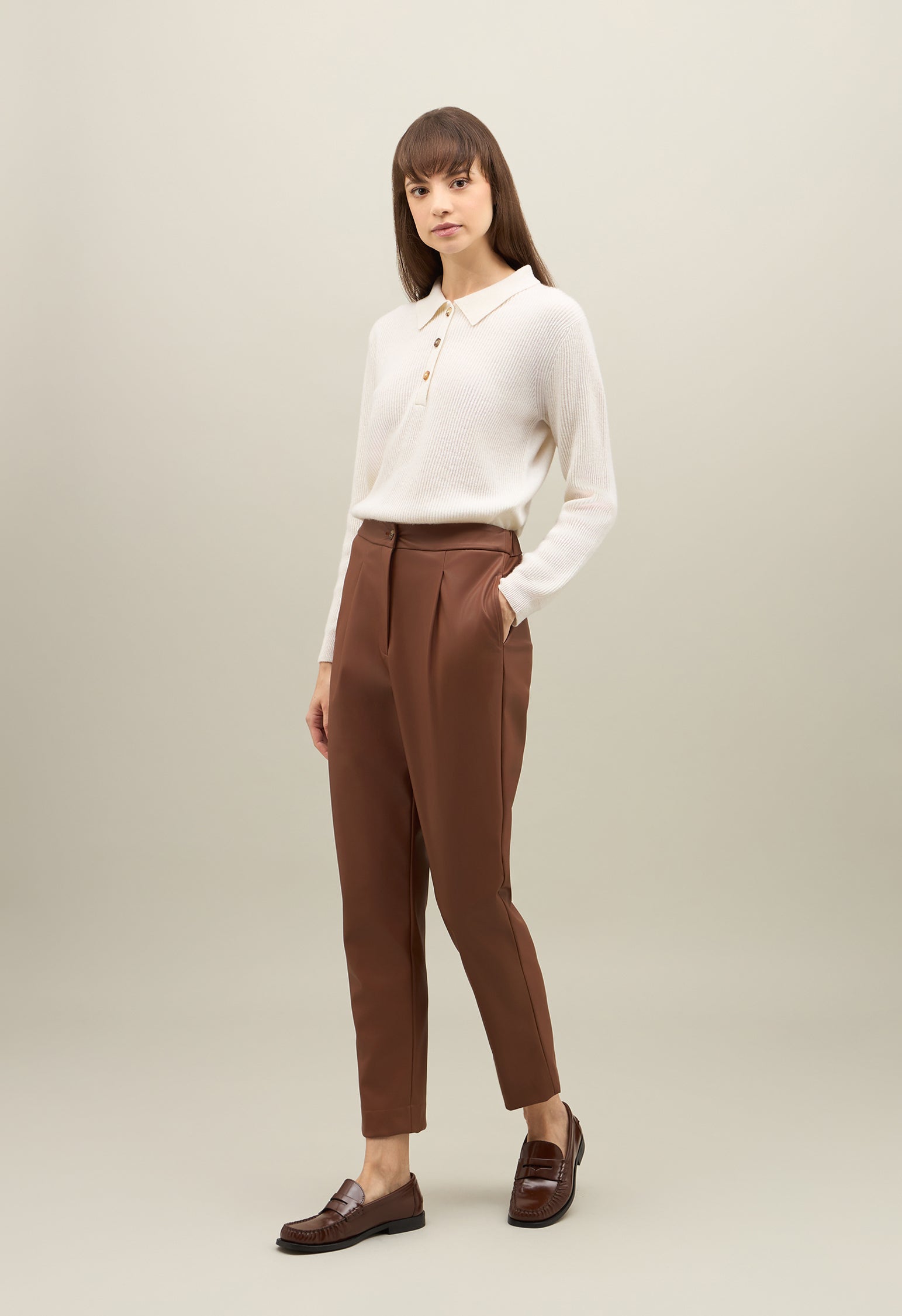 Brown Vegan Leather pleated Trousers