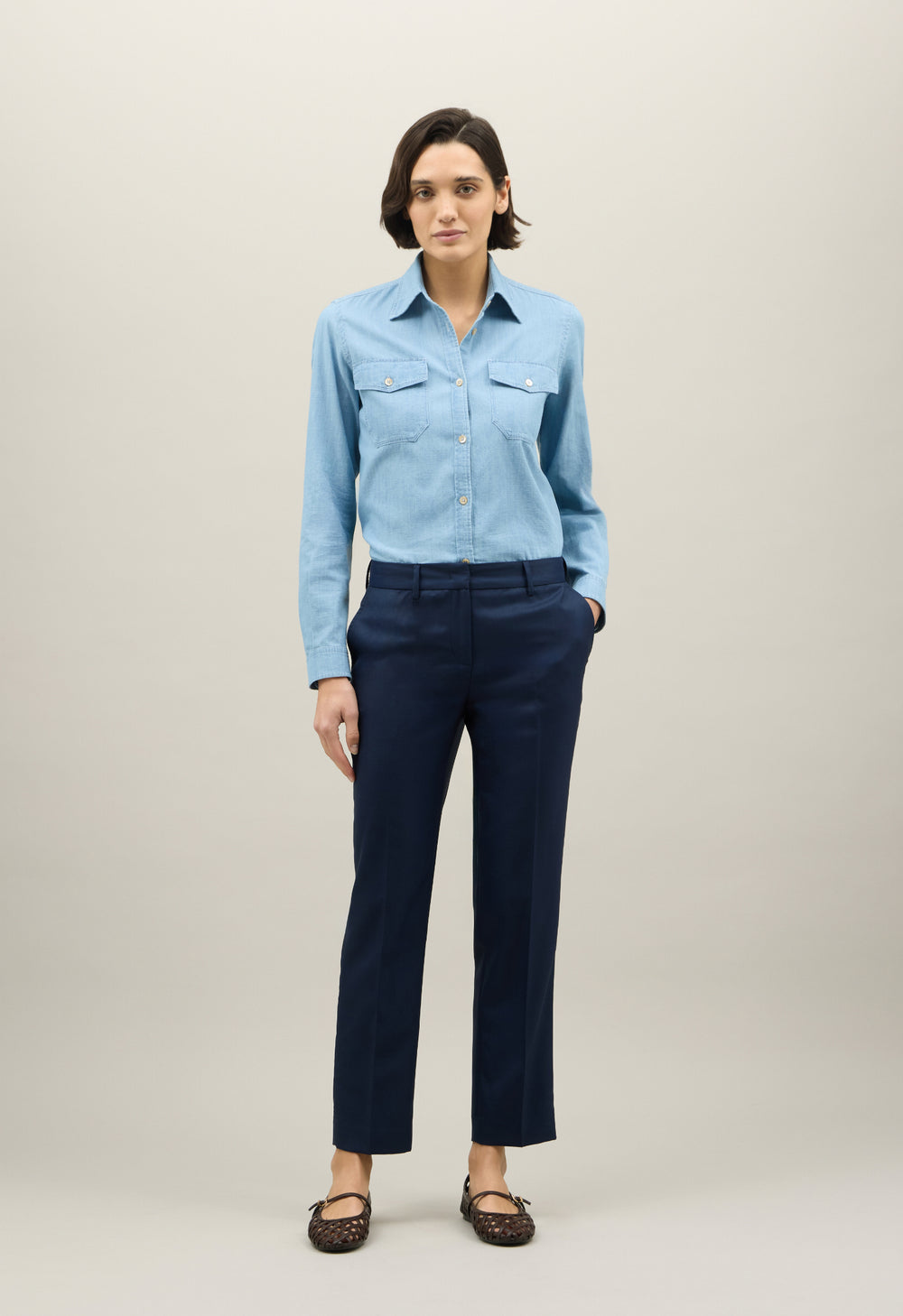 Blaue Straight-Hose aus Woll-Twill