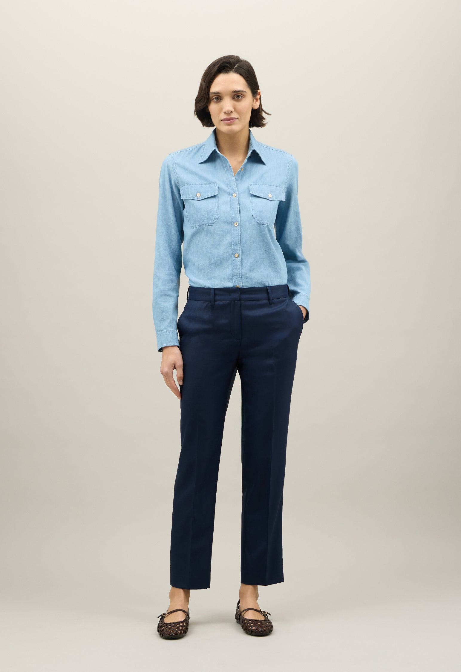 Blaue Straight-Hose aus Woll-Twill
