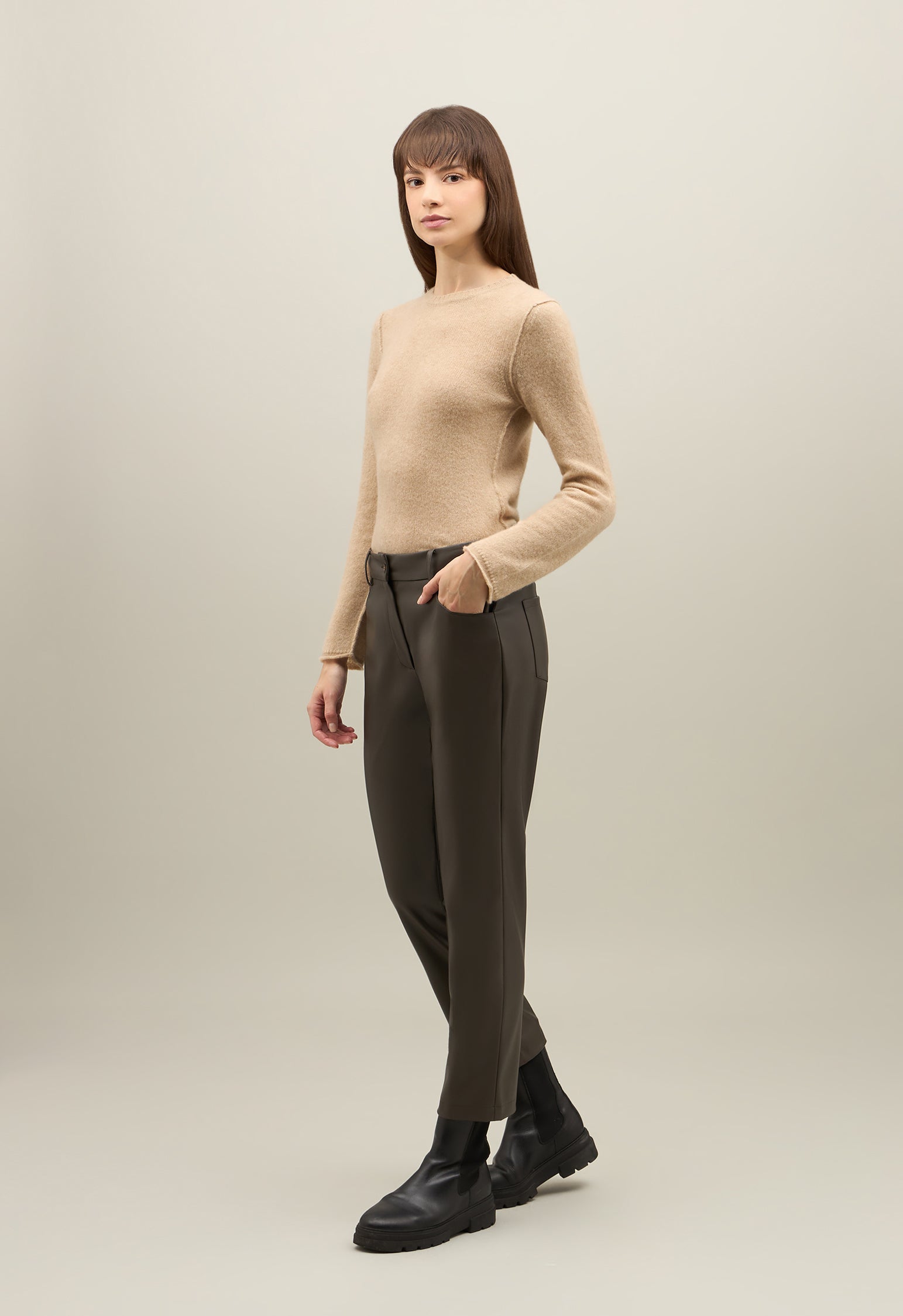 Green Vegan Leather 5-pockets Trousers