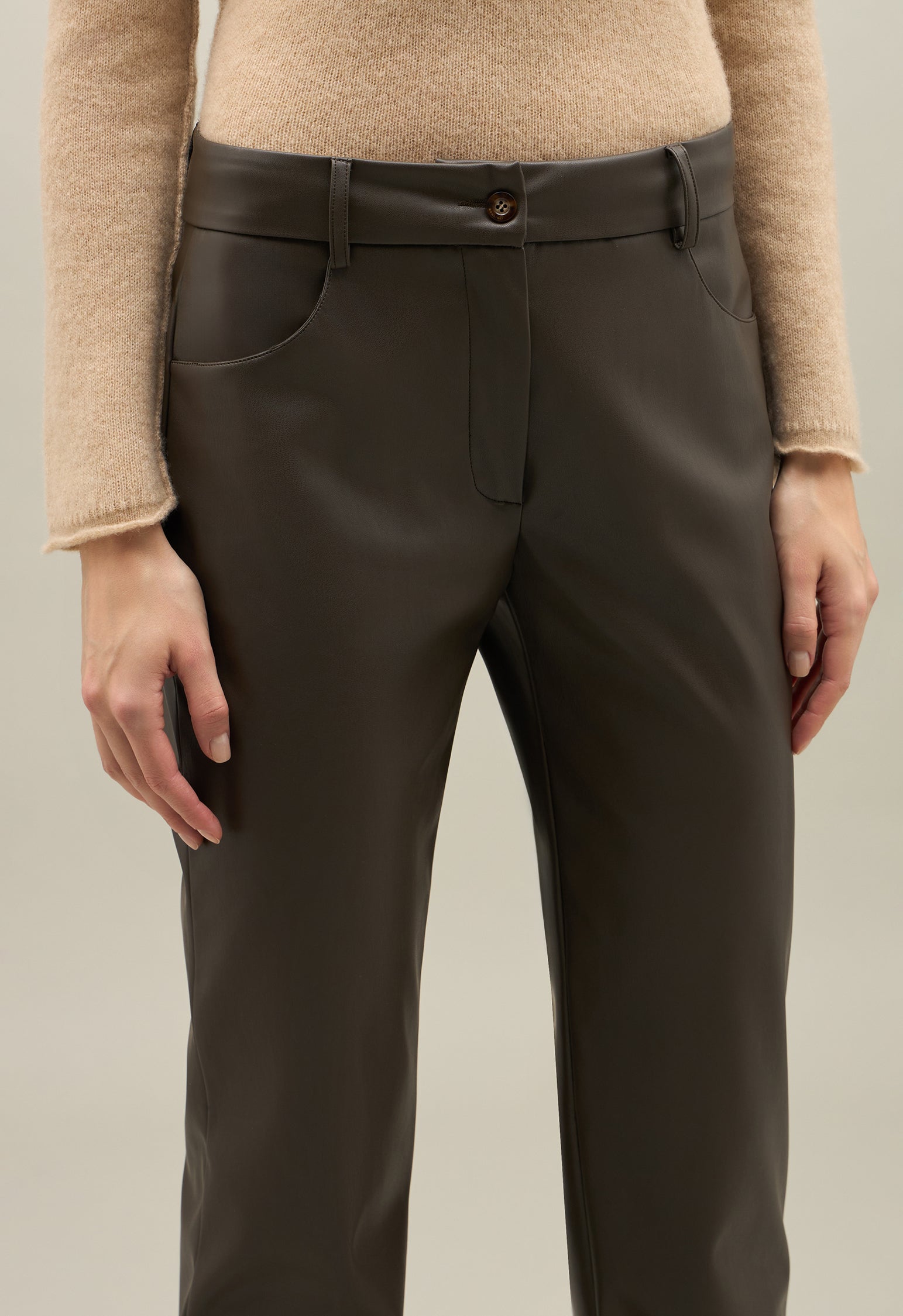 Green Vegan Leather 5-pockets Trousers