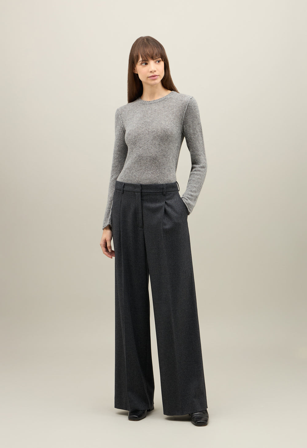 Grey Prince of Wales flannel wide-leg Trousers