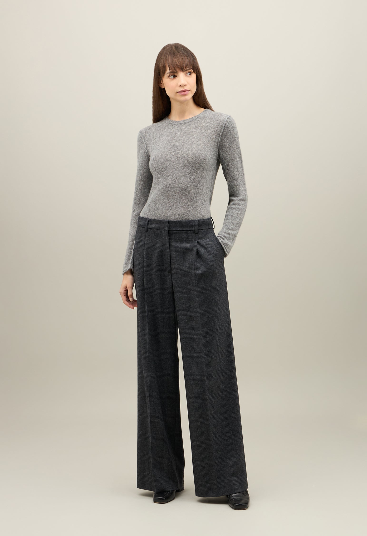 Grey Prince of Wales flannel wide-leg Trousers