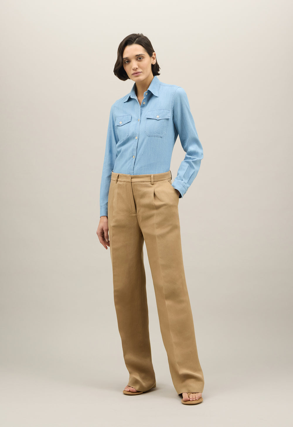 Pantalone Palazzo in lino e tencel satin beige