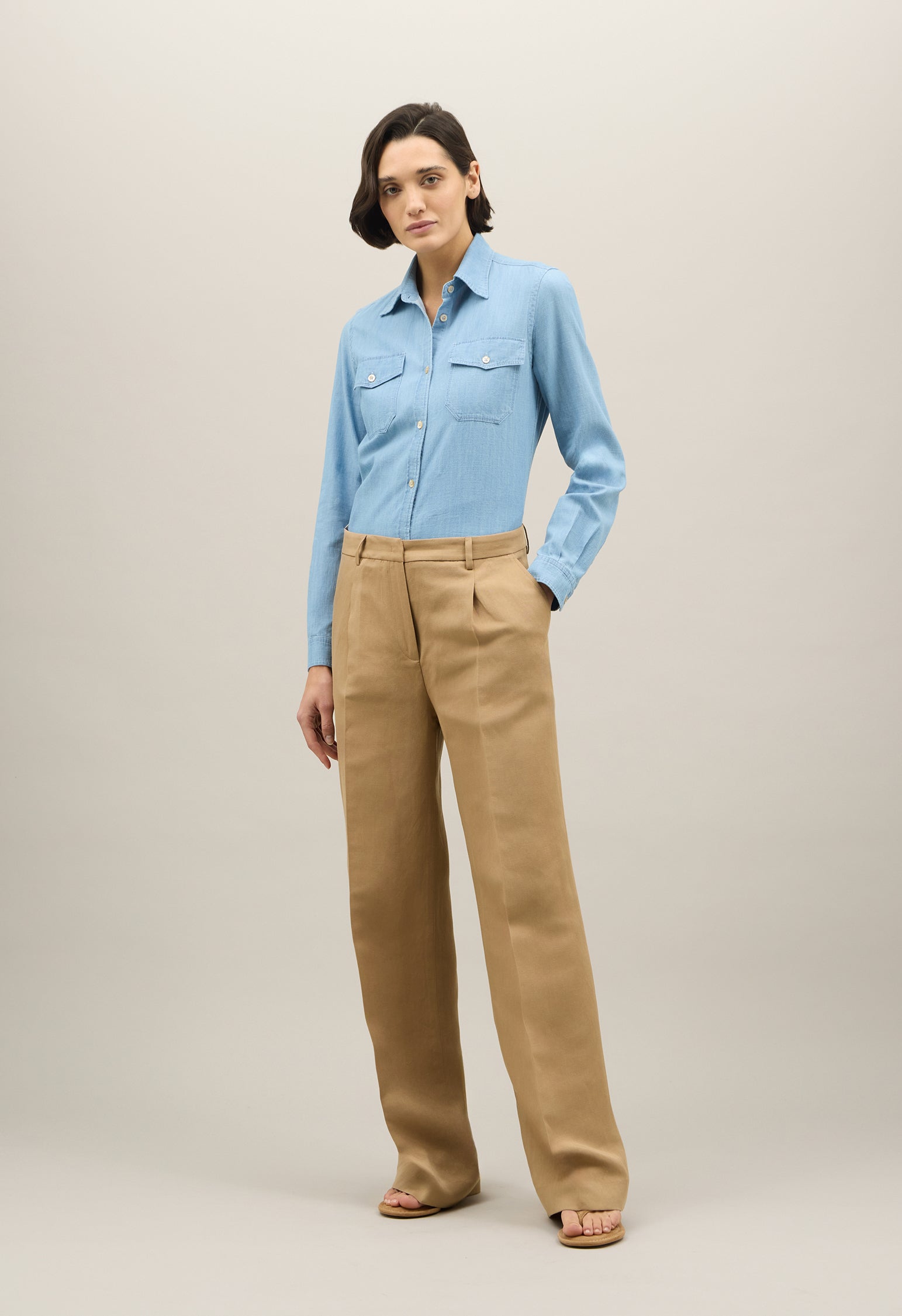 Beige Linen Tencel satin Palazzo Trousers