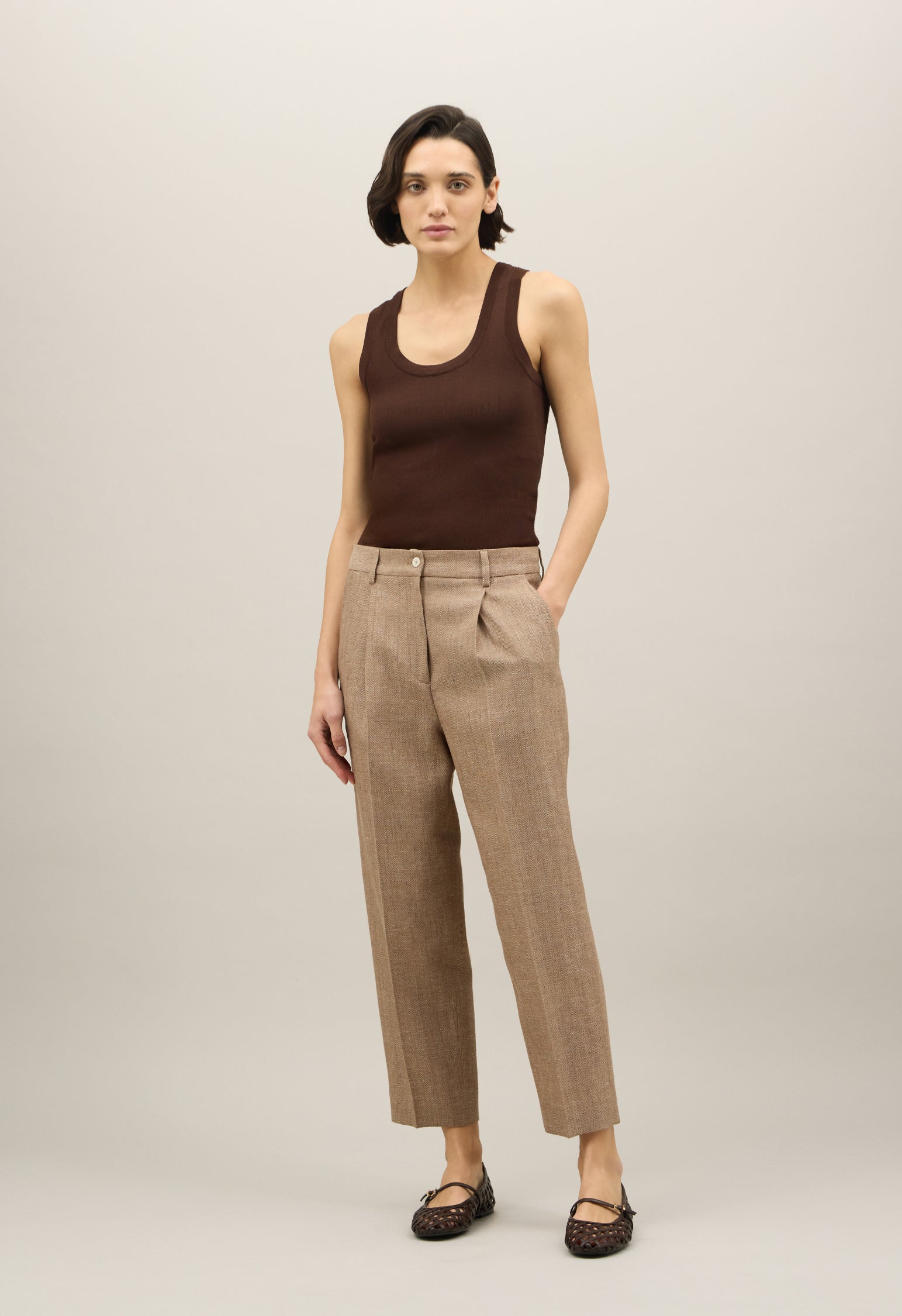 Brown Linen blend herringbone Cropped Trousers