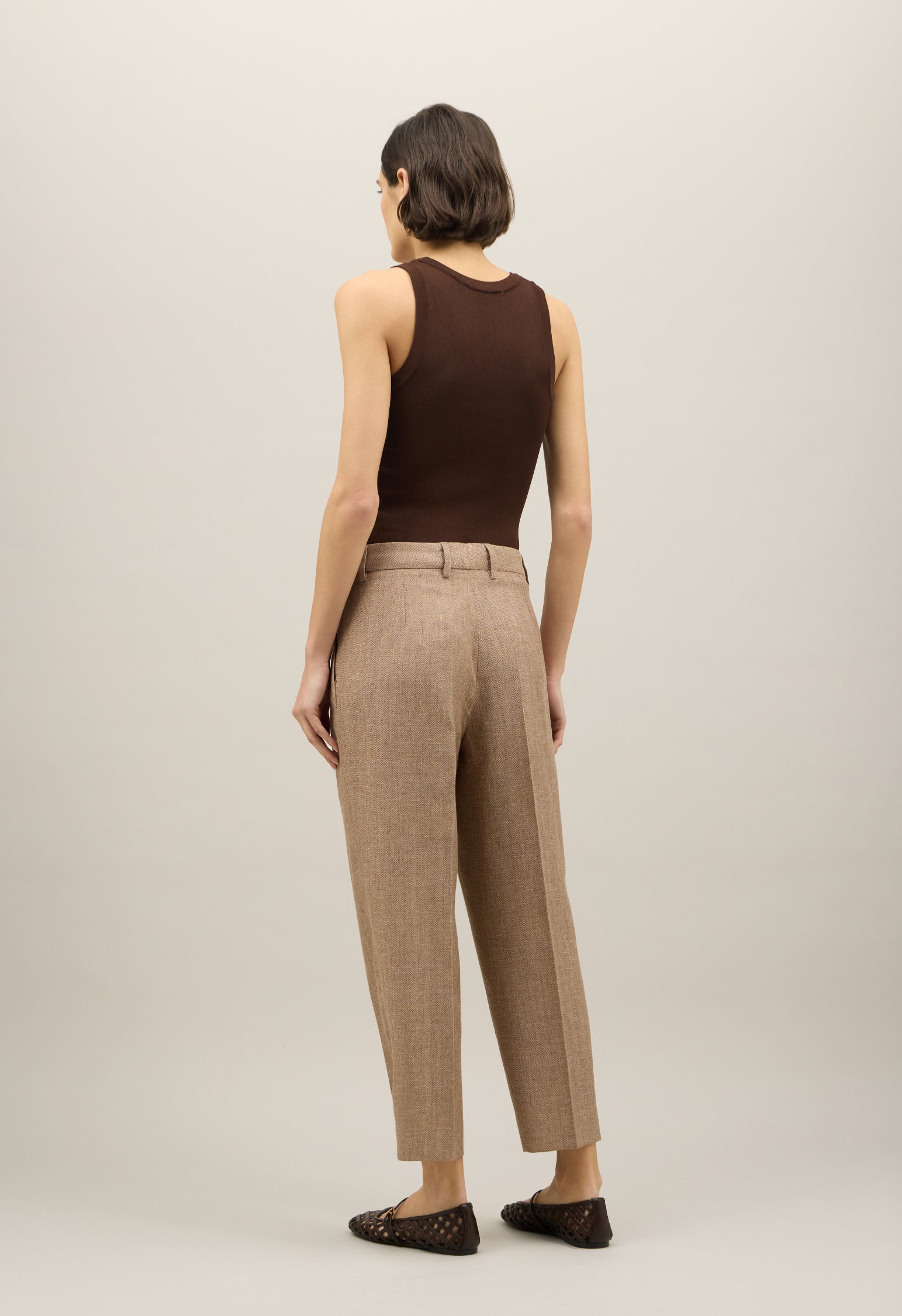 Brown Linen blend herringbone Cropped Trousers
