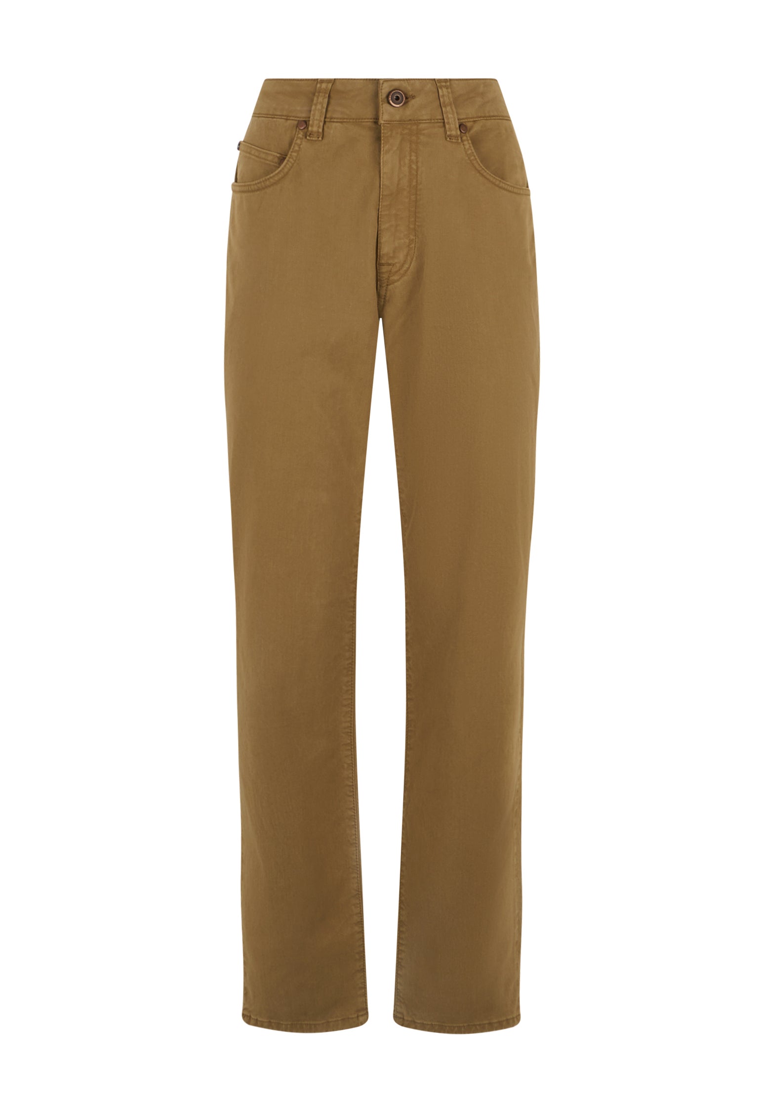 Hellbraune stückgefärbte Five-Pocket-Hose aus Baumwolle und Seide