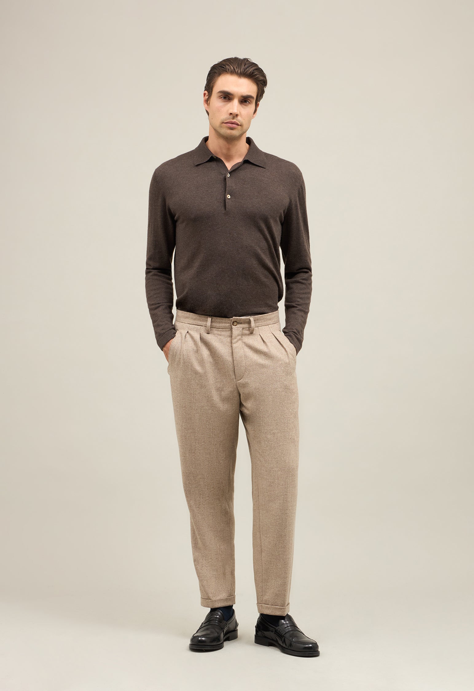 Beige Flannel double-pleated Trousers