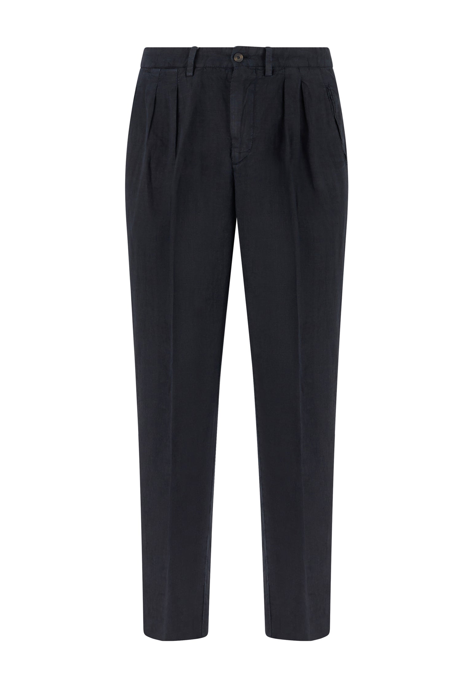 Pantalone in lino tinto in capo con due pinces blu