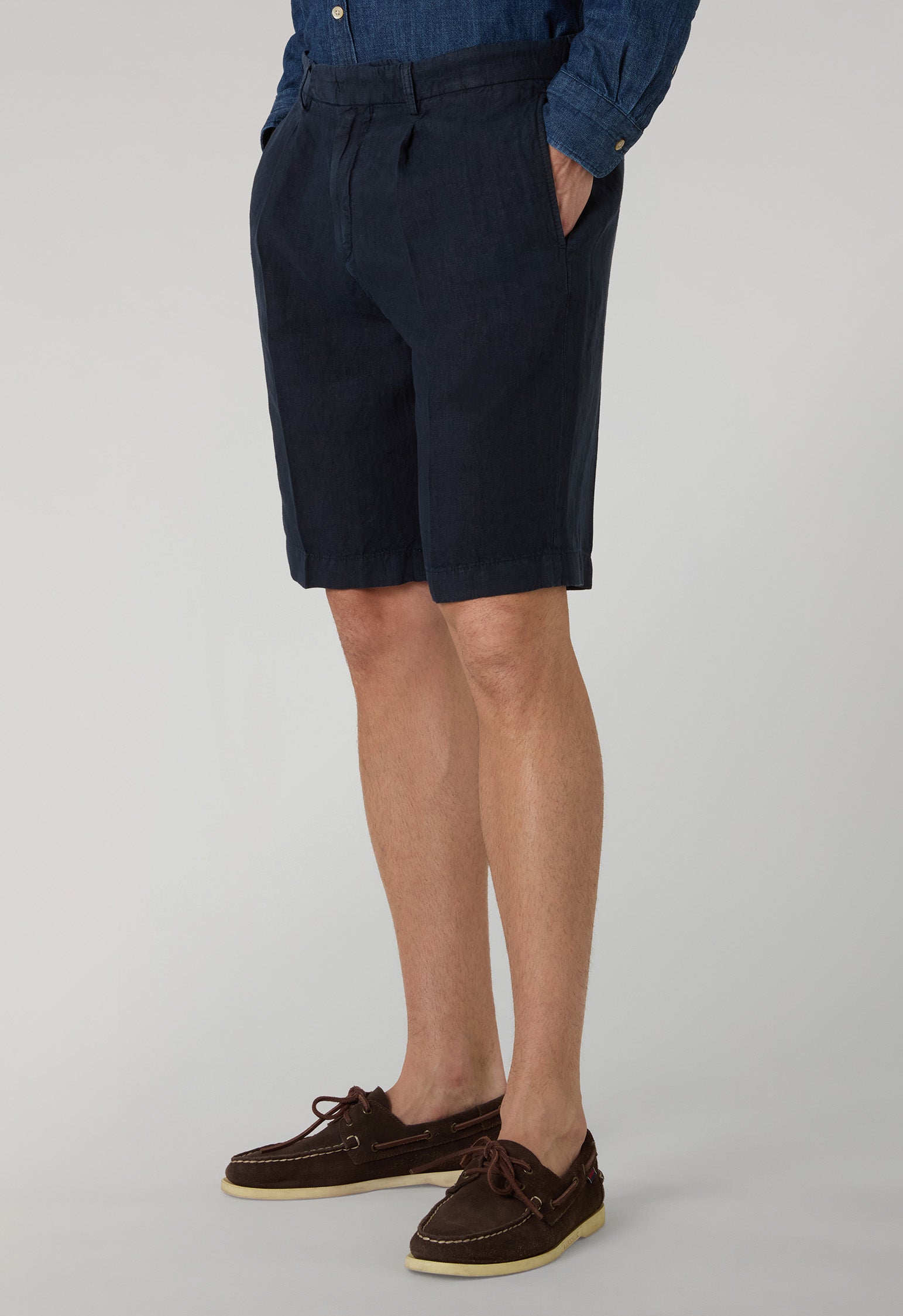 Blue Garment Dyed Linen Bermuda