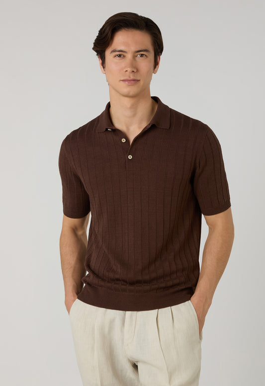 Brown Linen Cotton Flat Rib Short-Sleeve Polo