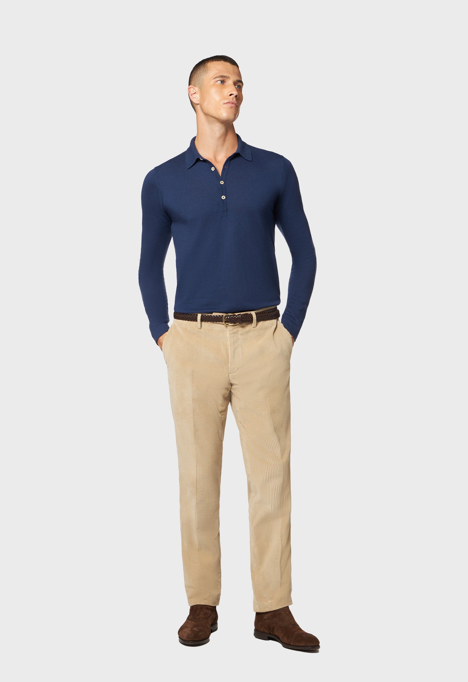 Blue cashmere long sleeve polo