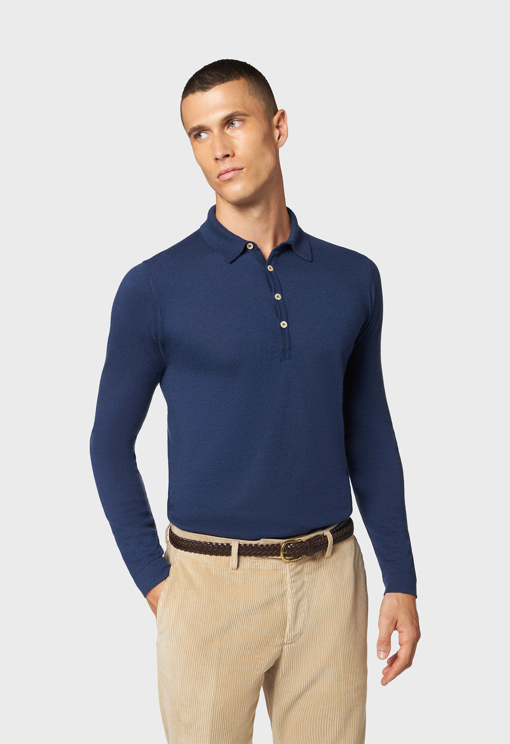 Blue cashmere long sleeve polo