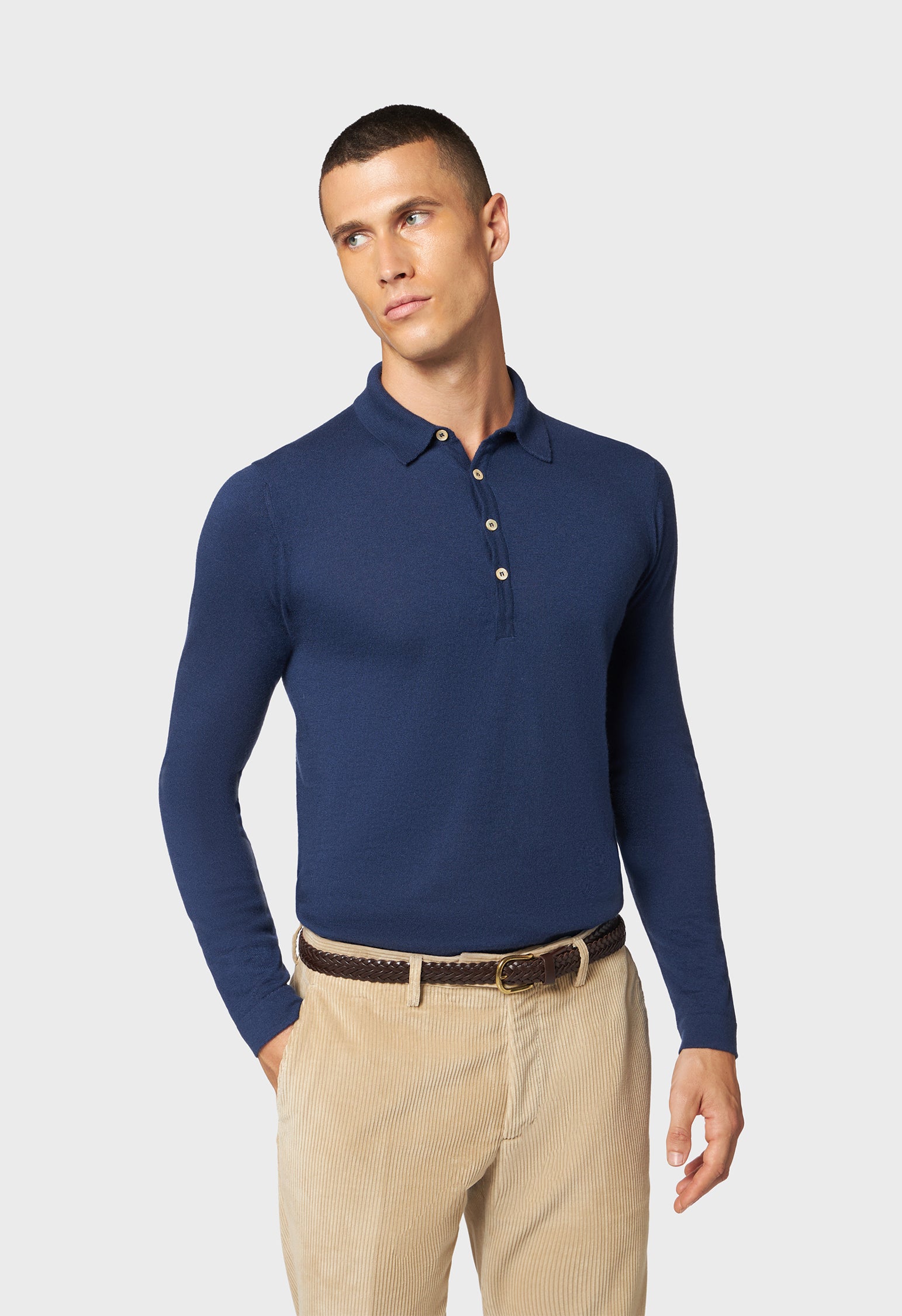 Blue cashmere long sleeve polo