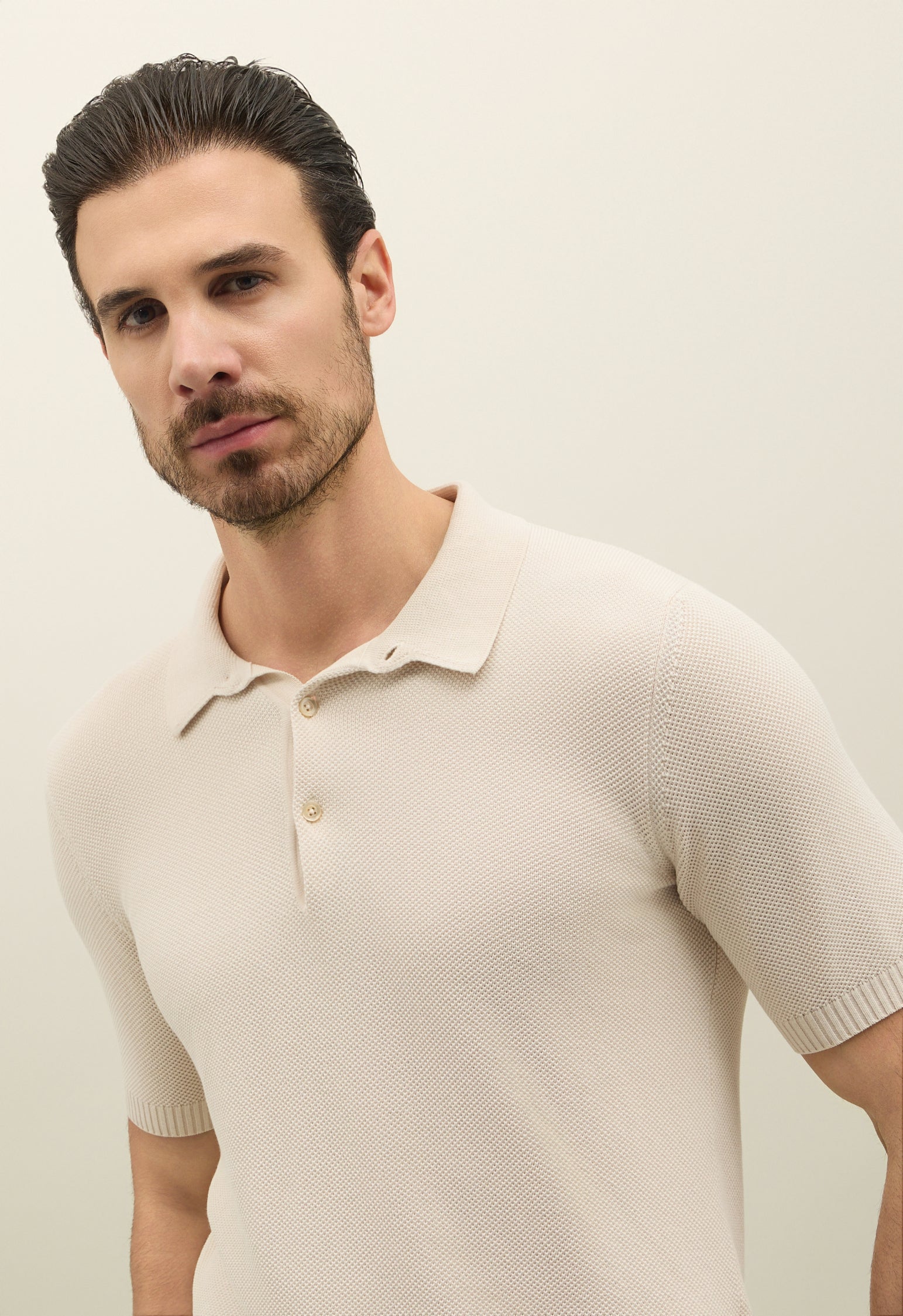 Weißes Kurzarm-Poloshirt aus Baumwolle mit Wabenstruktur