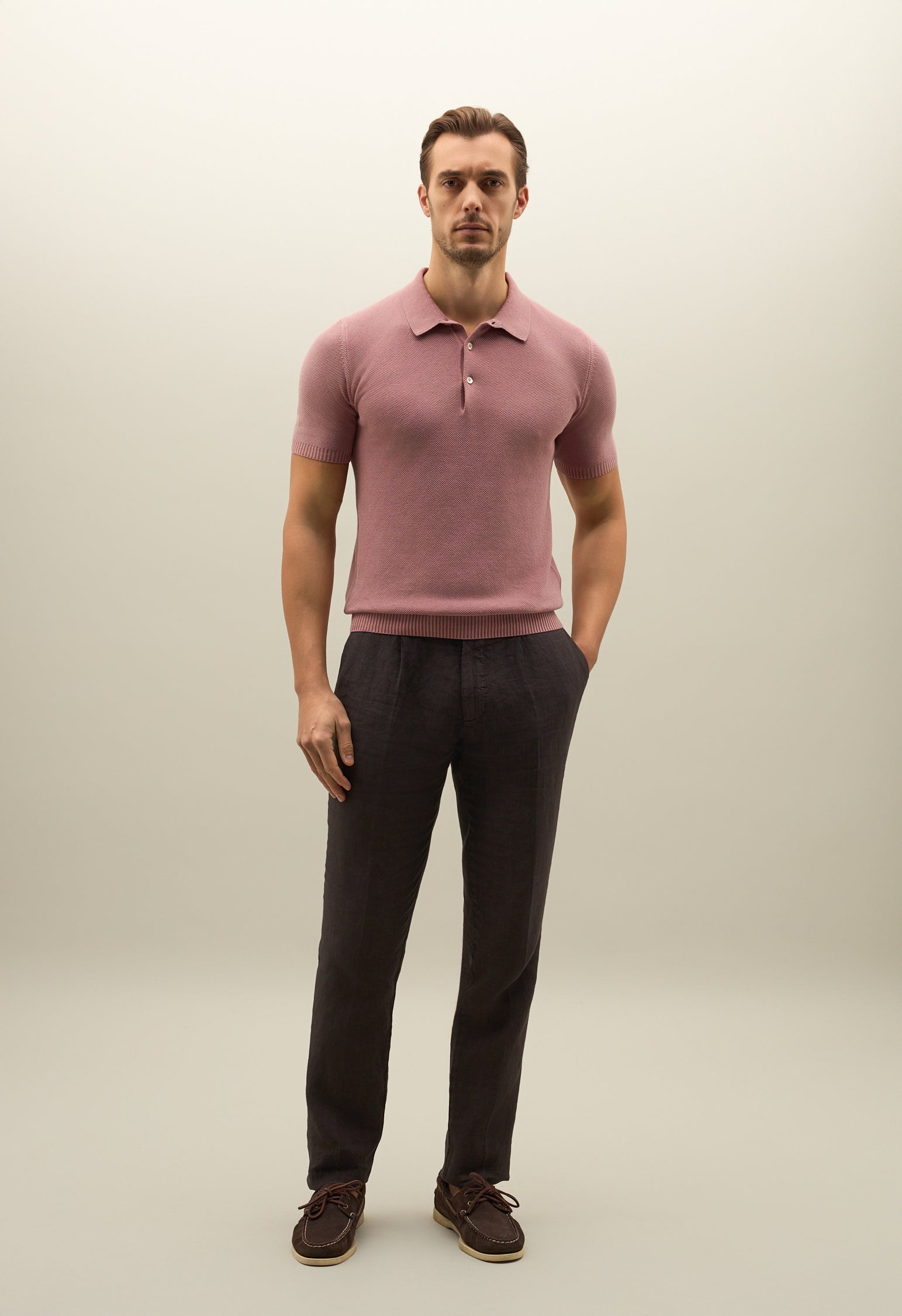 Rosafarbenes Kurzarm-Poloshirt aus Baumwolle mit Wabenstruktur