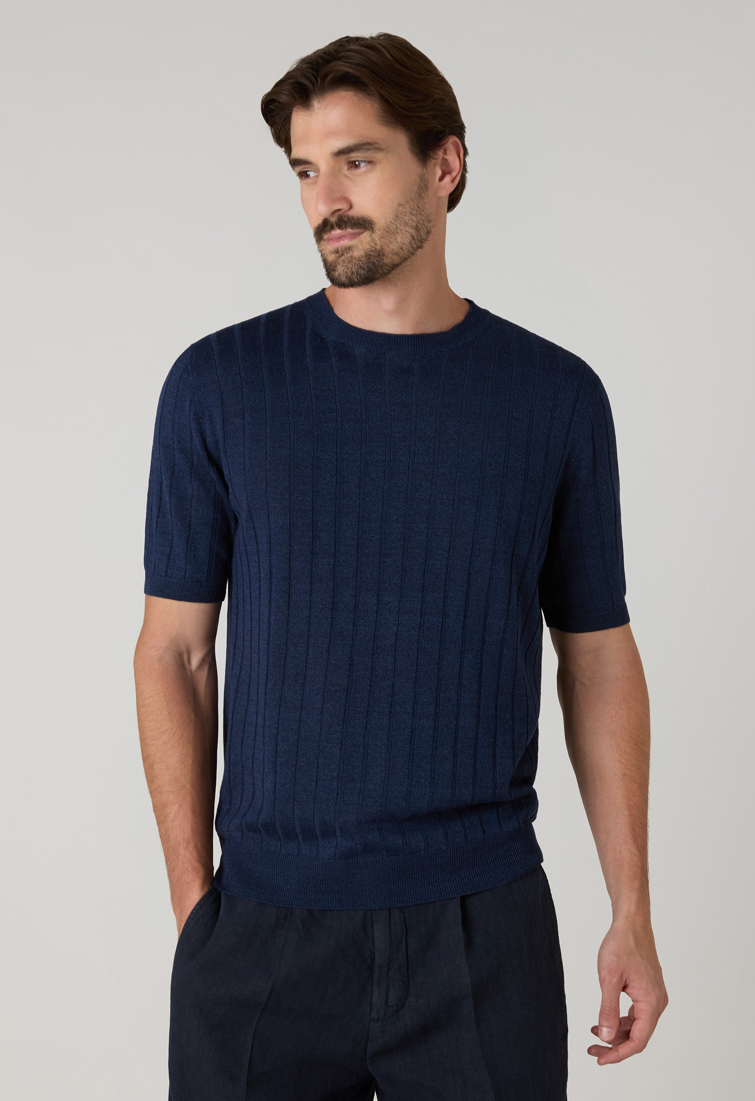 Blue Linen Cotton Flat Rib T-Shirt