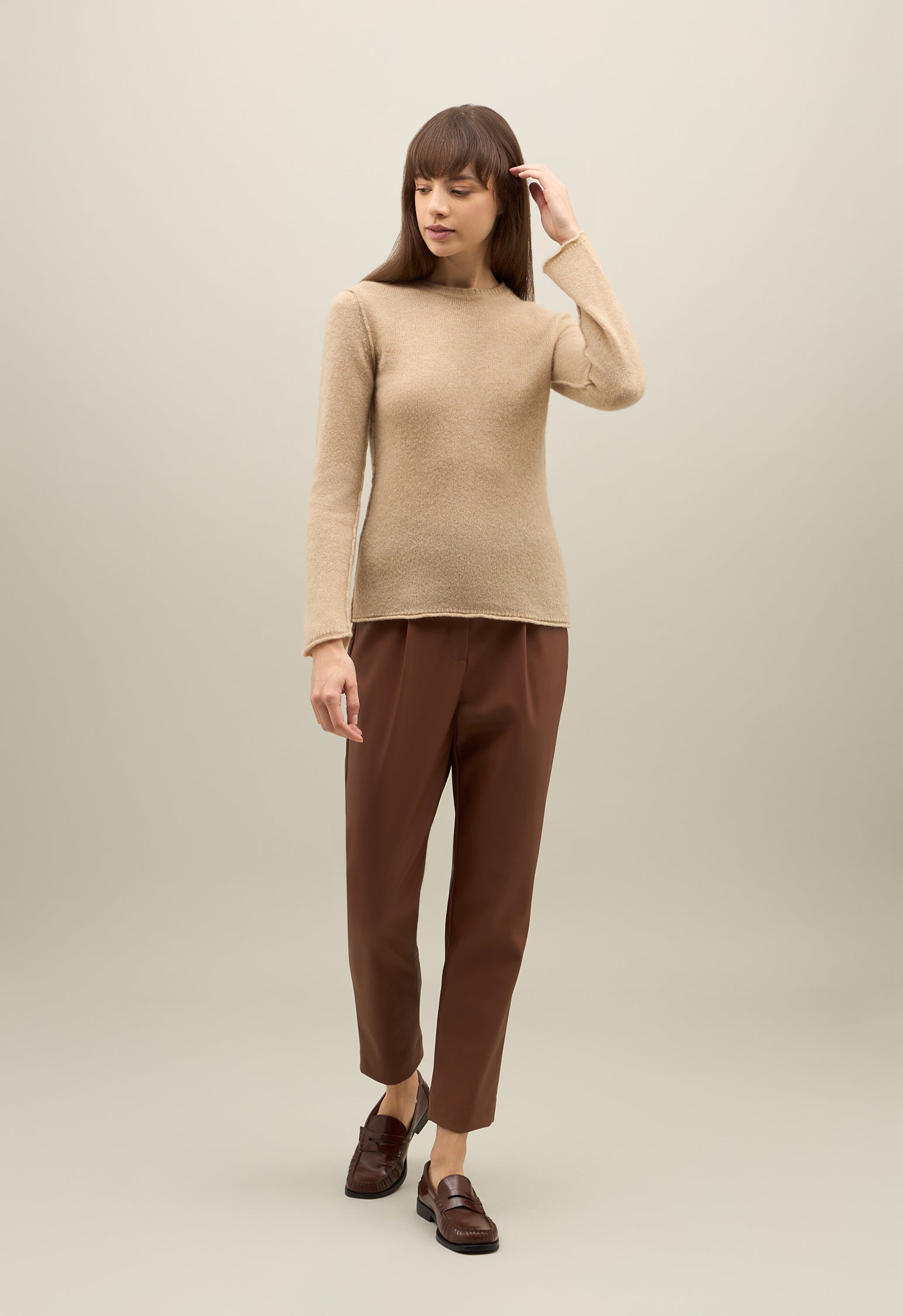 Beige Brushed Wool Cashmere Crewneck