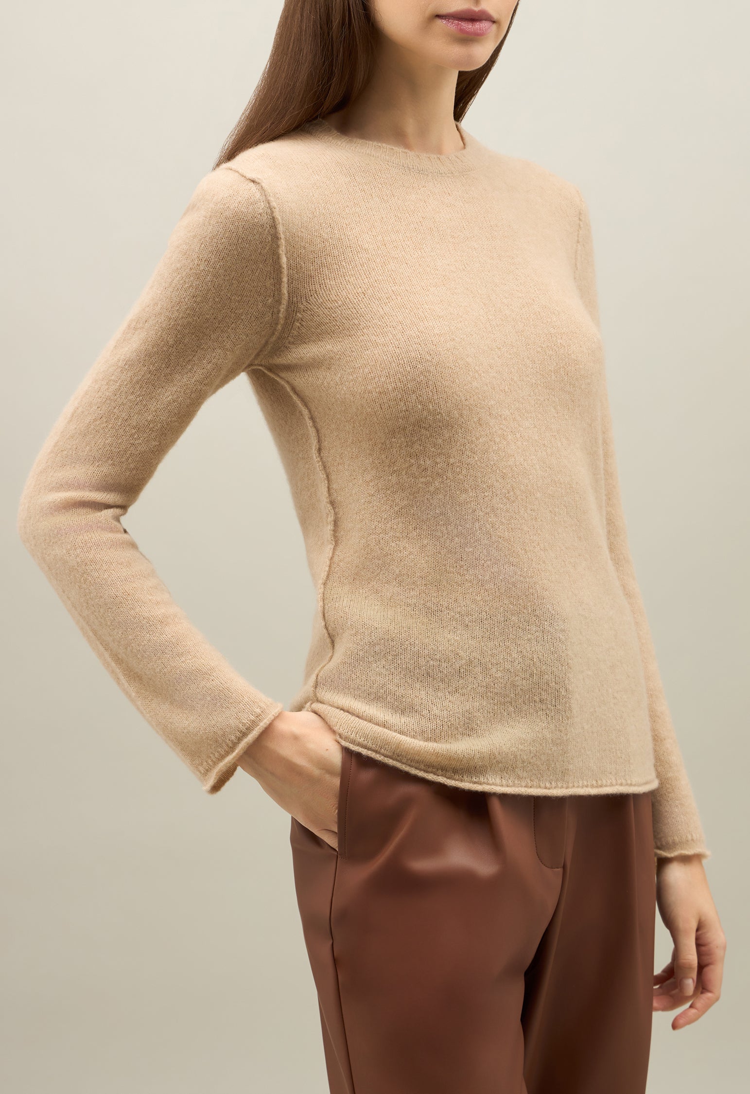 Beige Brushed Wool Cashmere Crewneck