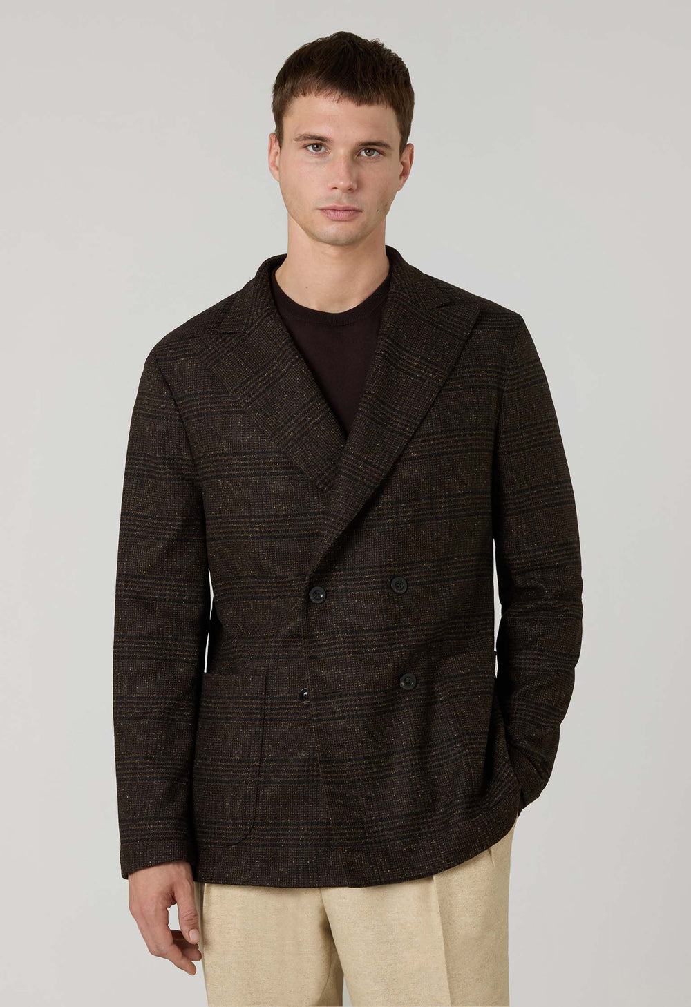 Brown blended Wool Prince of Wales Easy Jacket