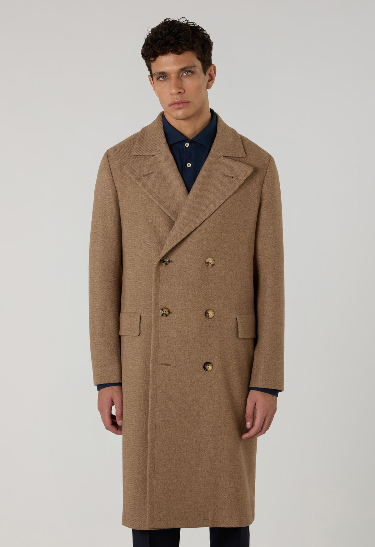 Cappotto Polo doppiopetto in lana e cashmere con martingala cammello
