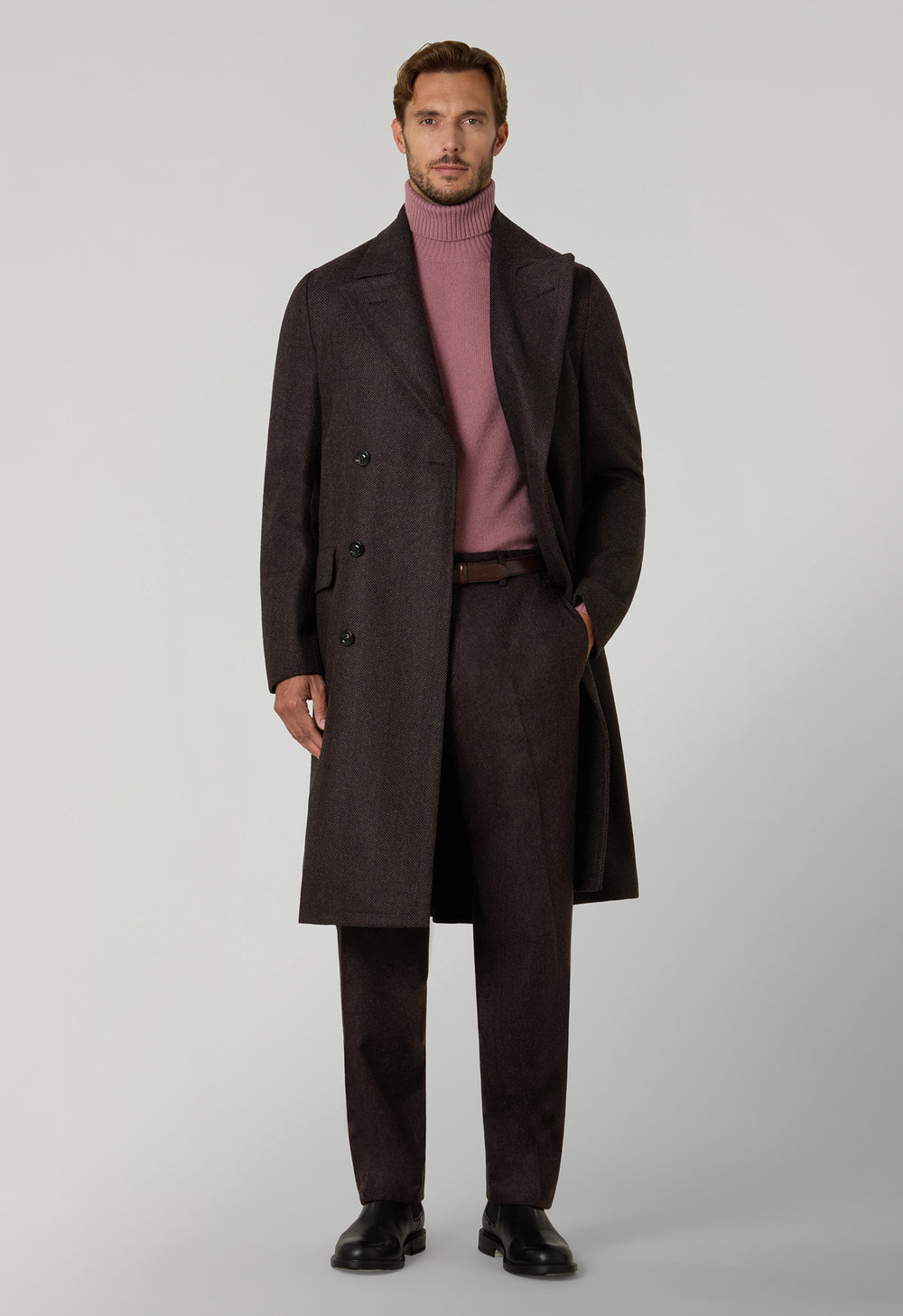 Brown Herringbone Wool double-breasted Polo Coat with martingale