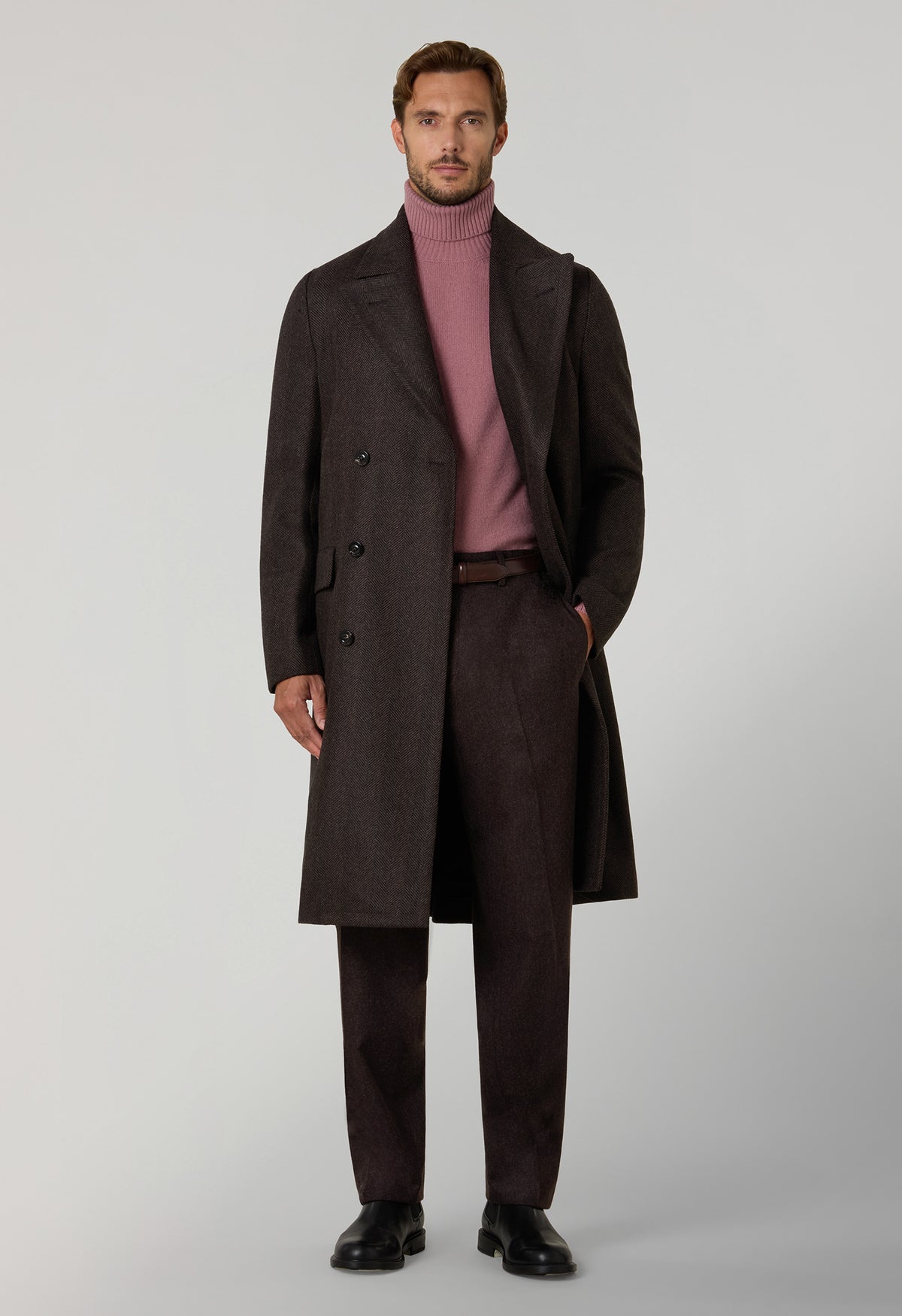 Brown Herringbone Wool double-breasted Polo Coat with martingale