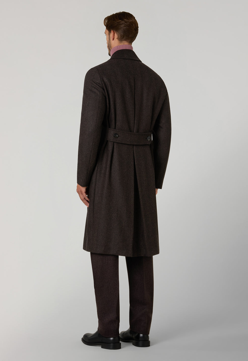 Brown Herringbone Wool double-breasted Polo Coat with martingale