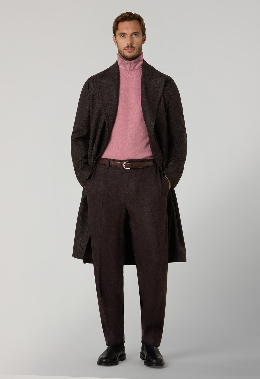 Brown Herringbone Wool double-breasted Polo Coat with martingale