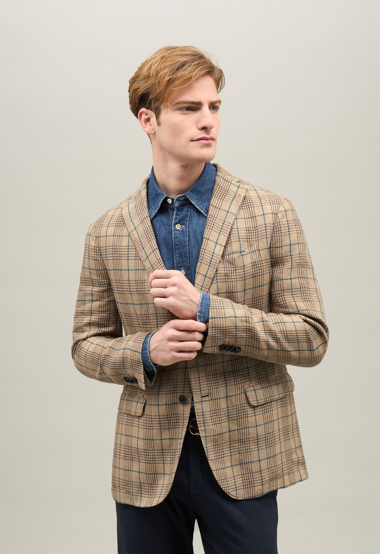K-Jacket in beige checked linen | Boglioli® – BoglioliMilano