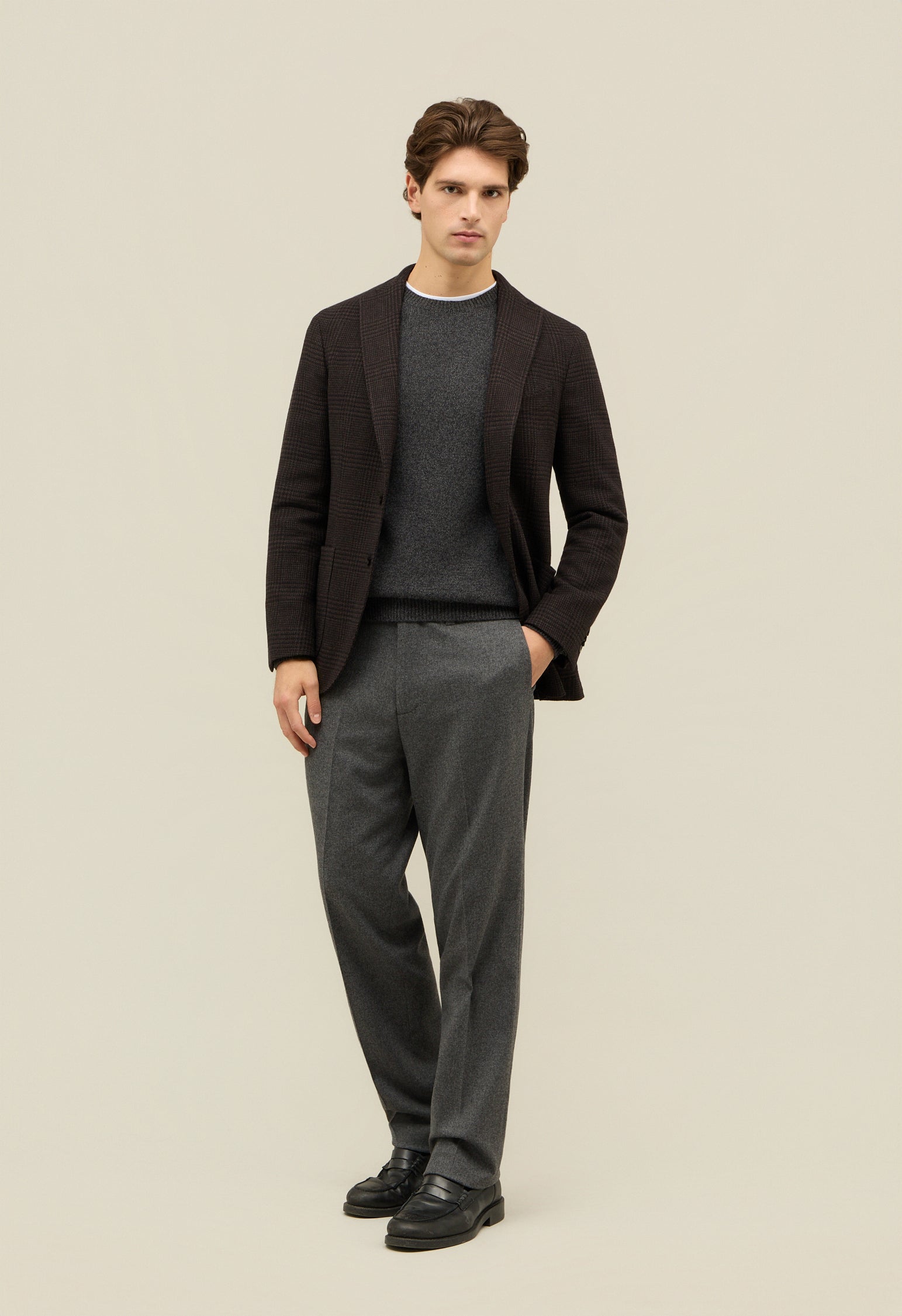 Brown Prince of Wales Soft Wool Cashmere blend K-Jacket