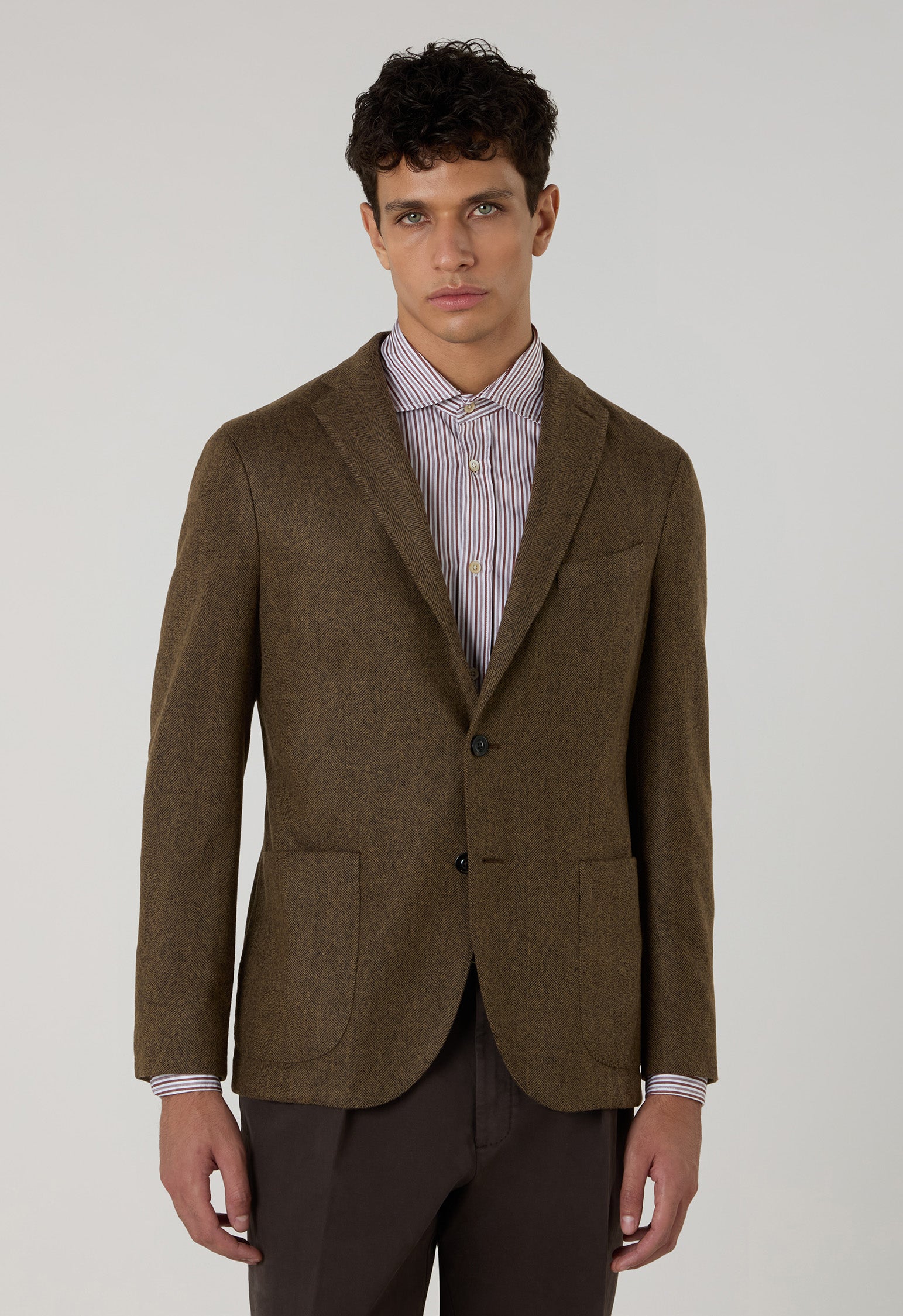 Brown Garment Dyed Wool Herringbone K-Jacket