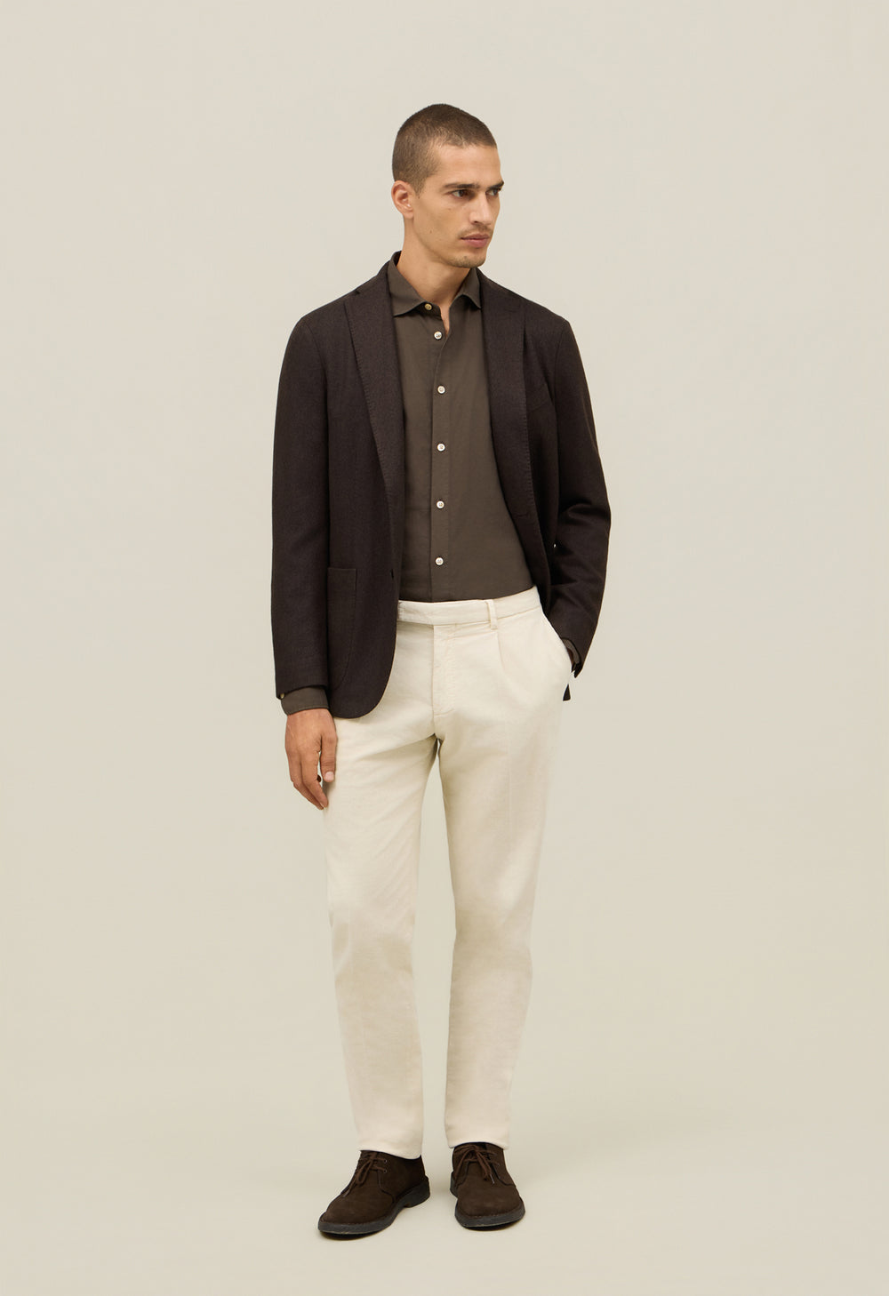 Brown Garment Dyed Wool Herringbone K-Jacket