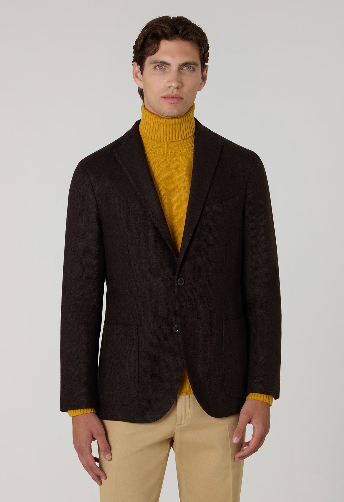 Dark Brown Garment Dyed Wool Herringbone K-Jacket
