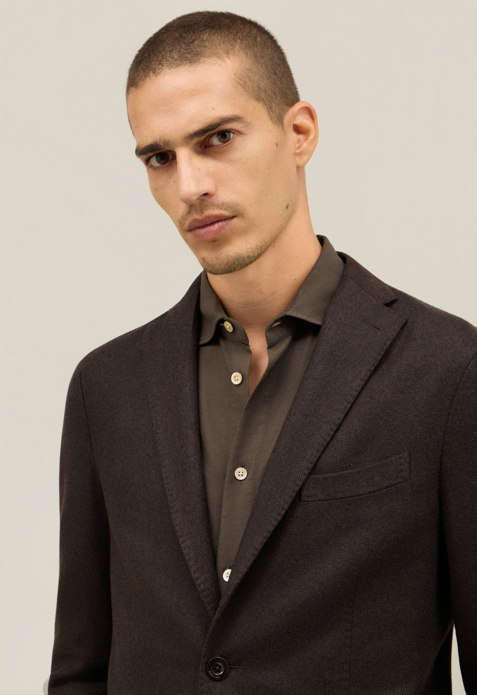 Brown Garment Dyed Wool Herringbone K-Jacket