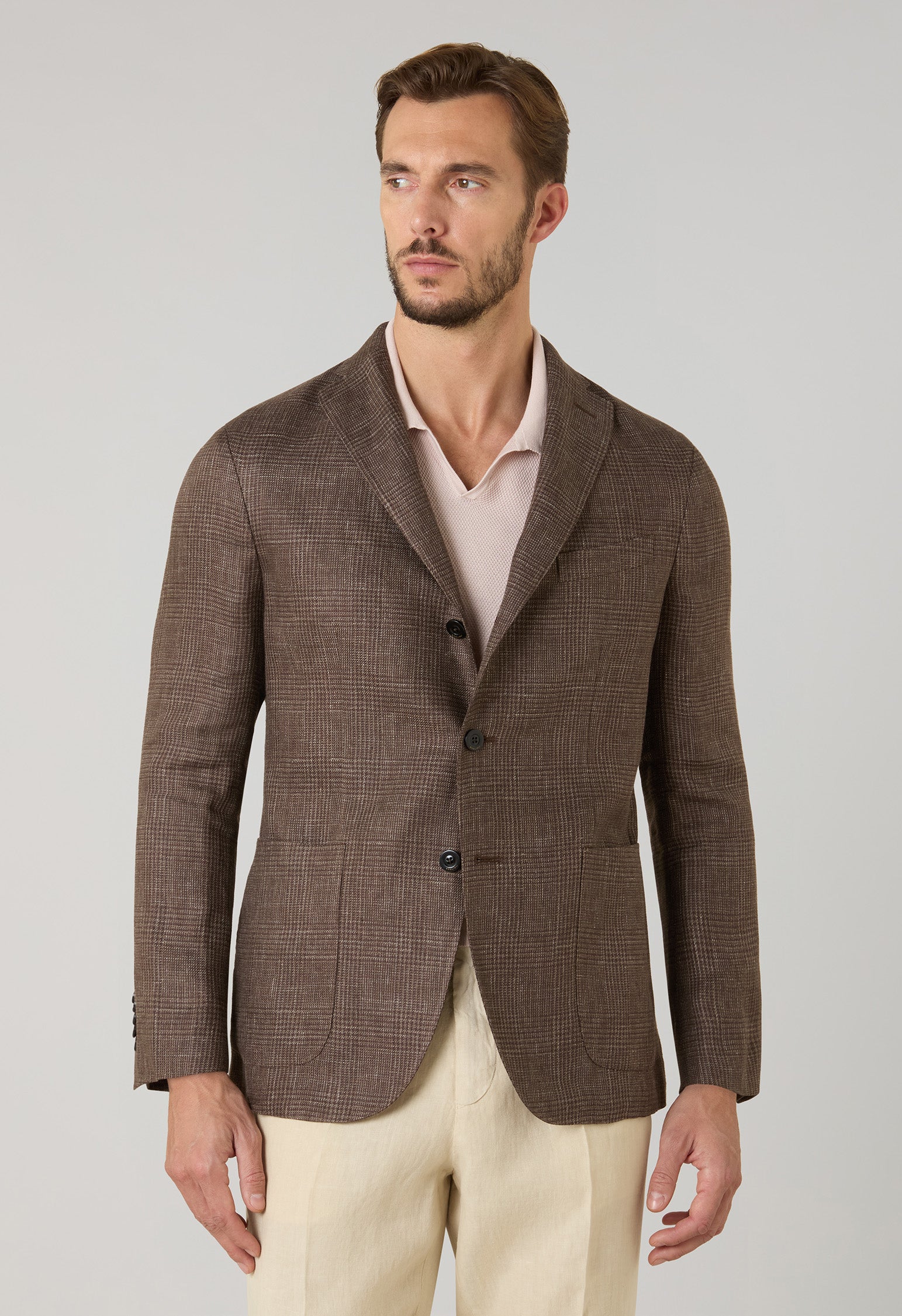 K-Jacket in lino Principe di Galles marrone