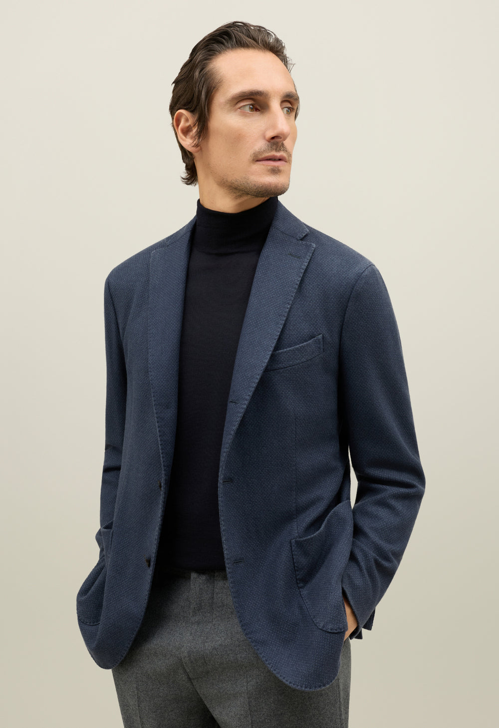 Blue Garment Dyed Cashmere micro-structure K-Jacket 