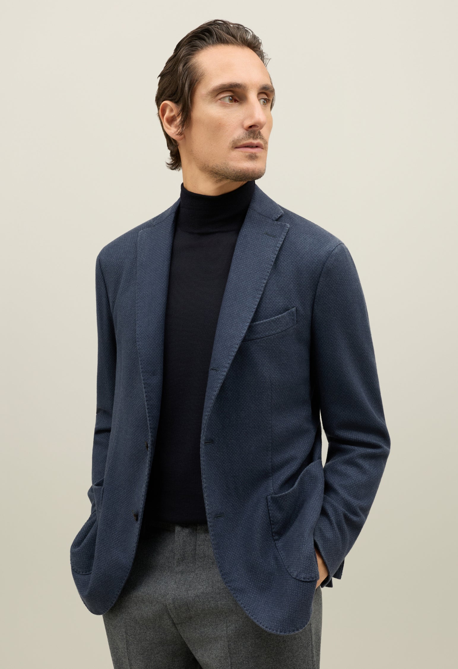 Blue Garment Dyed Cashmere micro-structure K-Jacket 