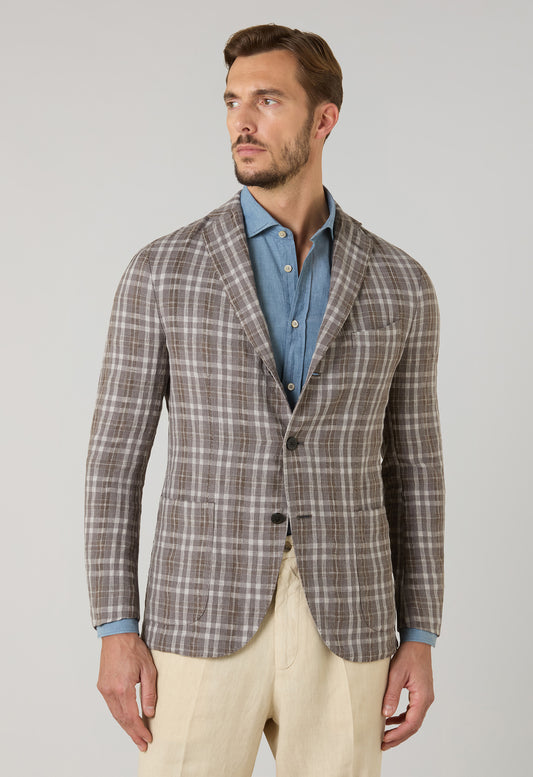 Brown Pattern Tartan Wool Linen Silk K-Jacket