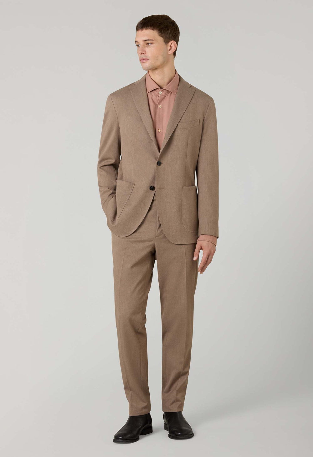 Beige Stretch Wool K-Suit with Three-Button Closure