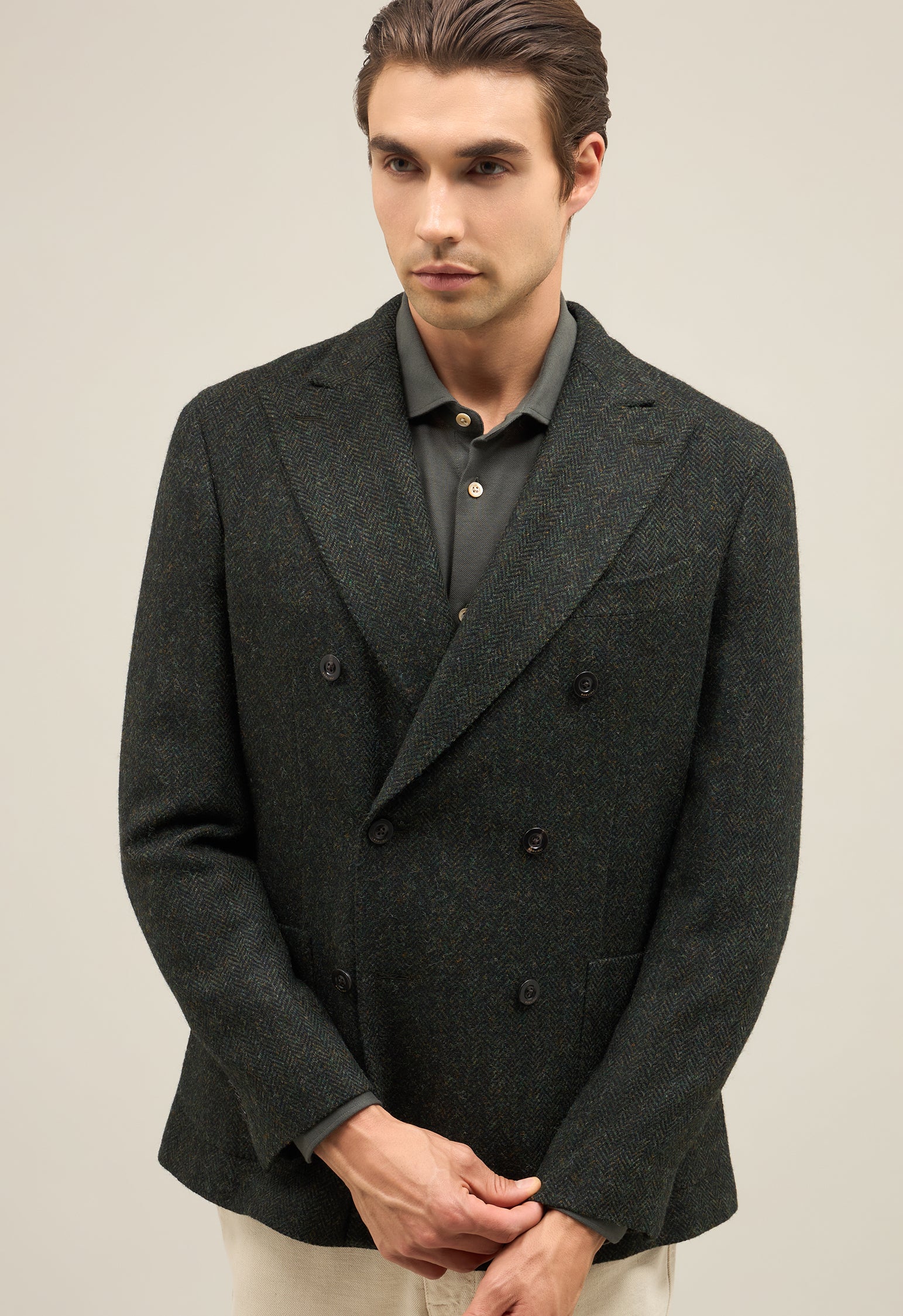 Green Shetland chevron double-breasted K-Jacket