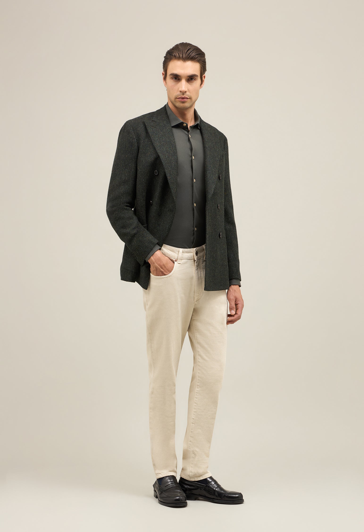 Green Shetland chevron double-breasted K-Jacket