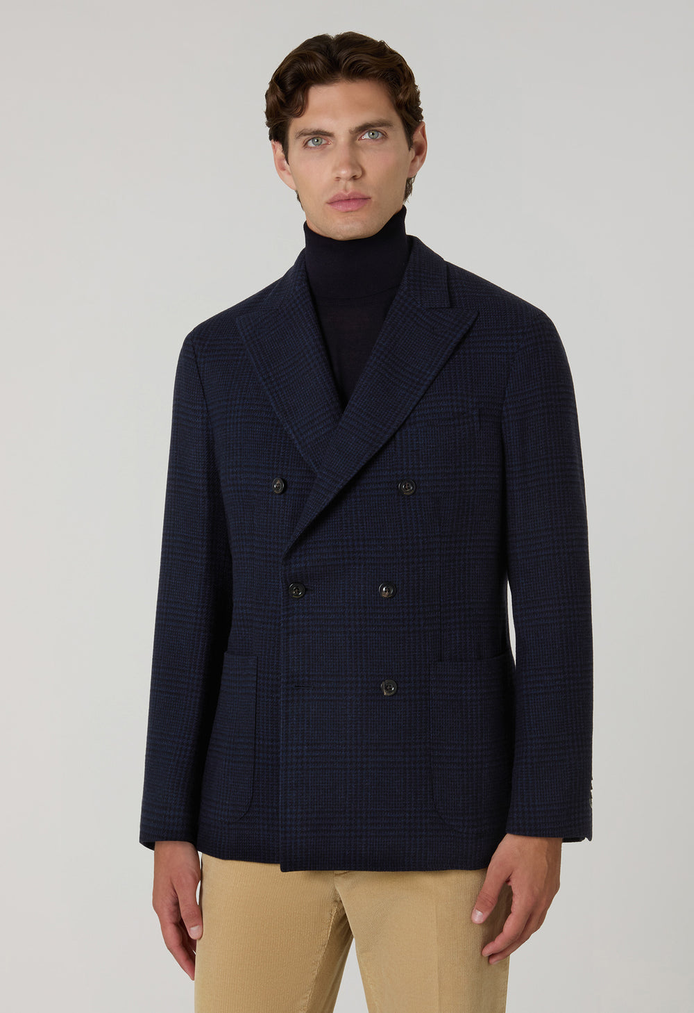 Blue Wool Cashmere Prince of Wales double-breasted K-Jacket